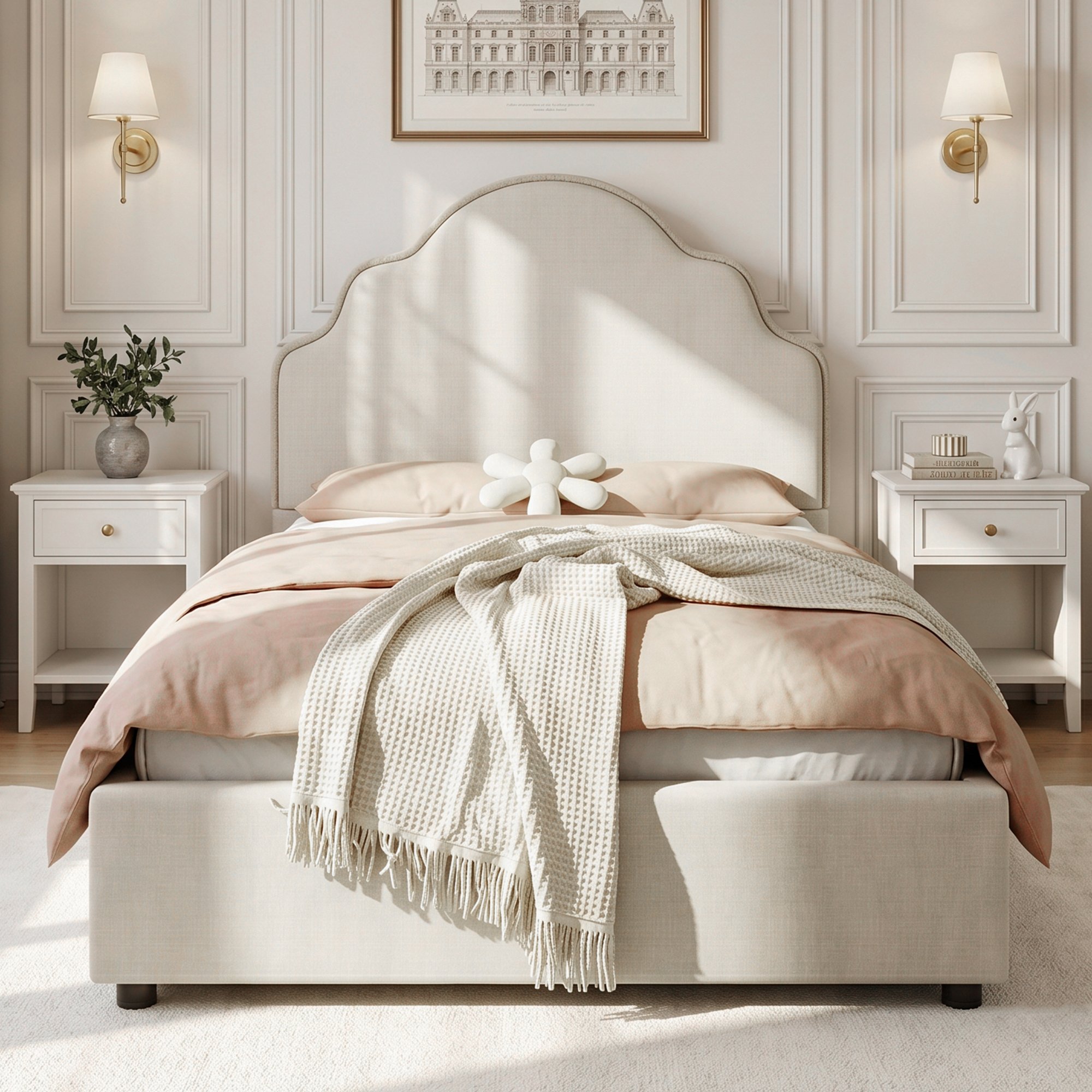 Lit enfant 90x200 cm charge max 150 kg, revêtement lin beige doux, tête de lit épaisse et arrondie, livré avec sommier à lattes