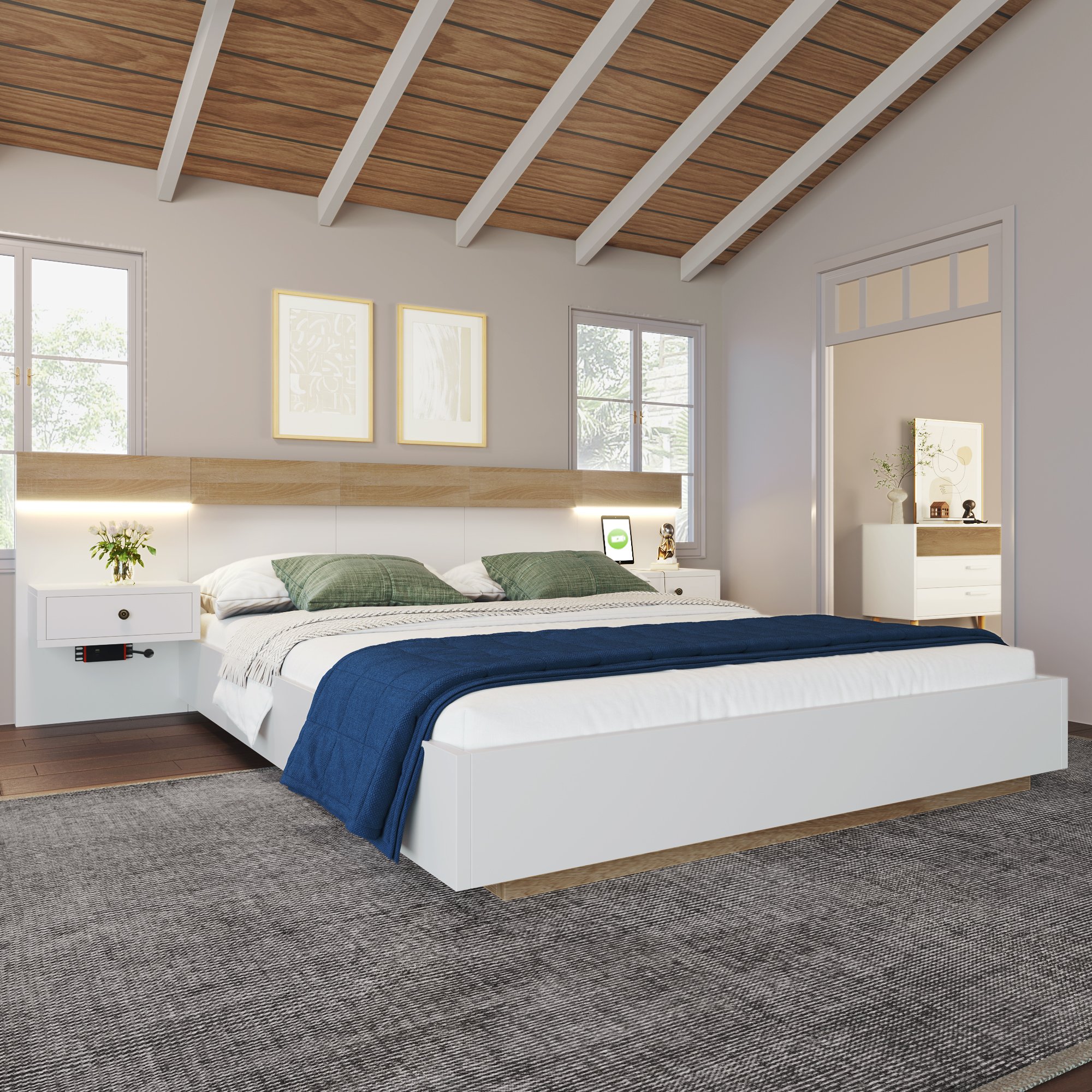 Cadre de lit double 180x200 cm, hauteur totale 90,5 cm avec LED, USB et sommier à lattes, couleur blanc chêne
