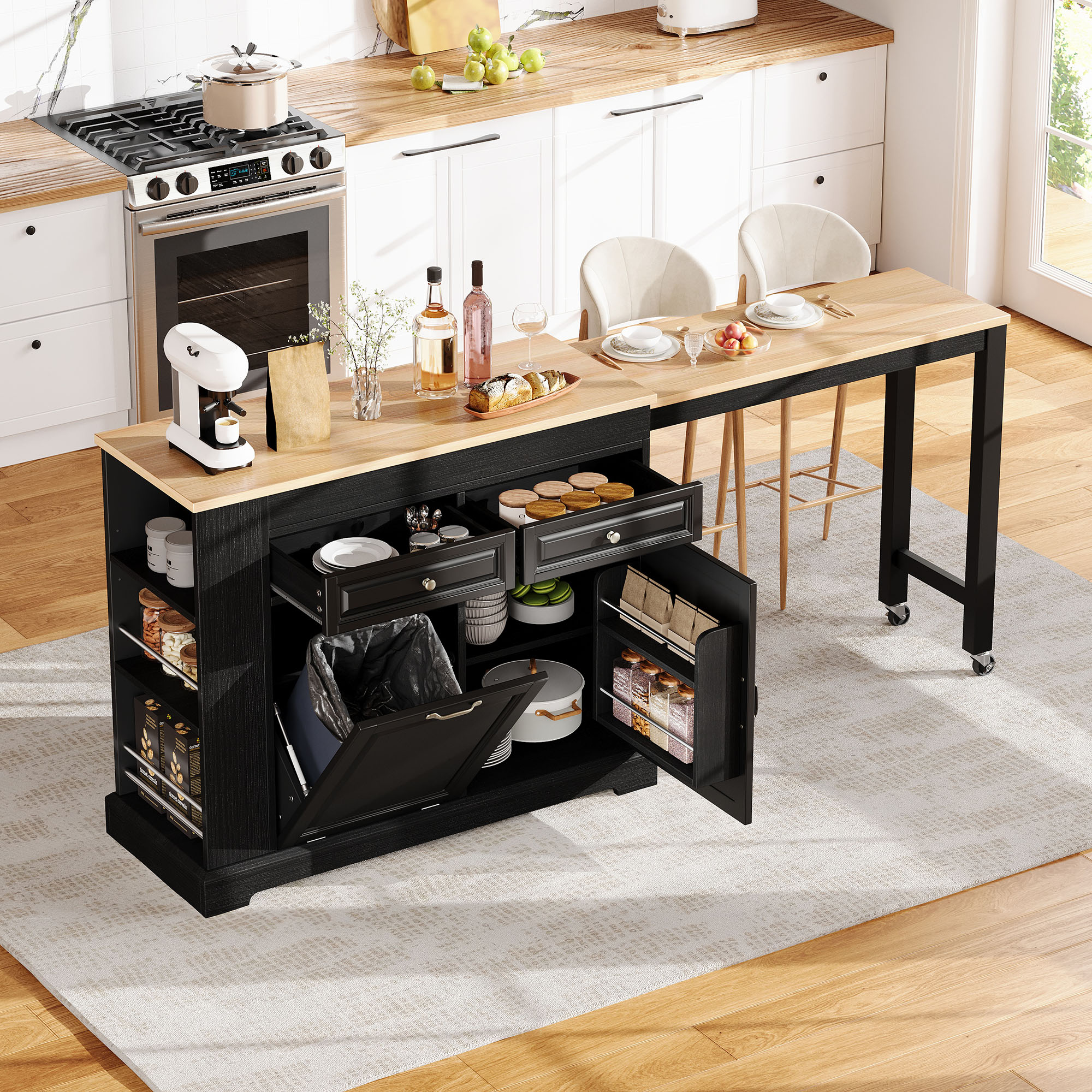 Îlot de cuisine sur roulettes noir et bois naturel, extensible avec rangement, tiroirs et porte-poubelle, 112-180 cm