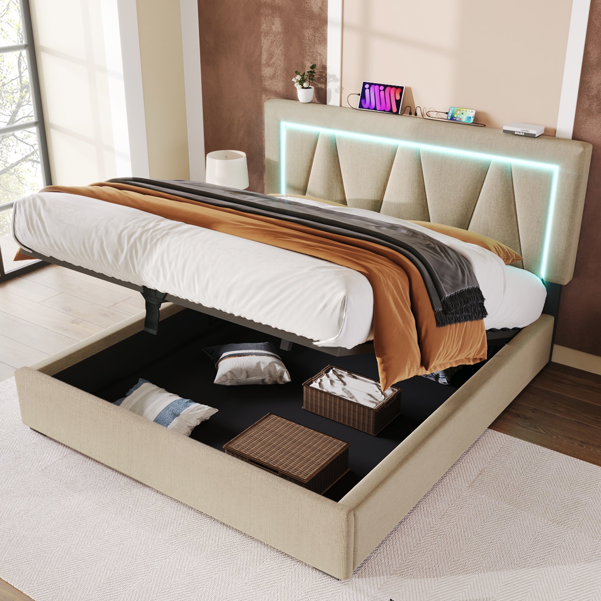 Lit coffre 160x200 avec sommier à lattes, LED RGB télécommande, USB Type-C, tête de lit capitonnée beige et rangement