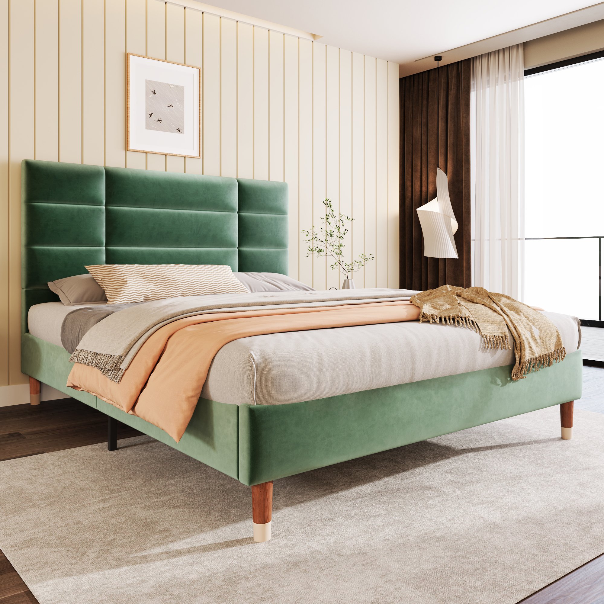 lit double rembourré 140x200 avec tête de lit haute et espace de rangement sous le couchage pour optimiser la chambre