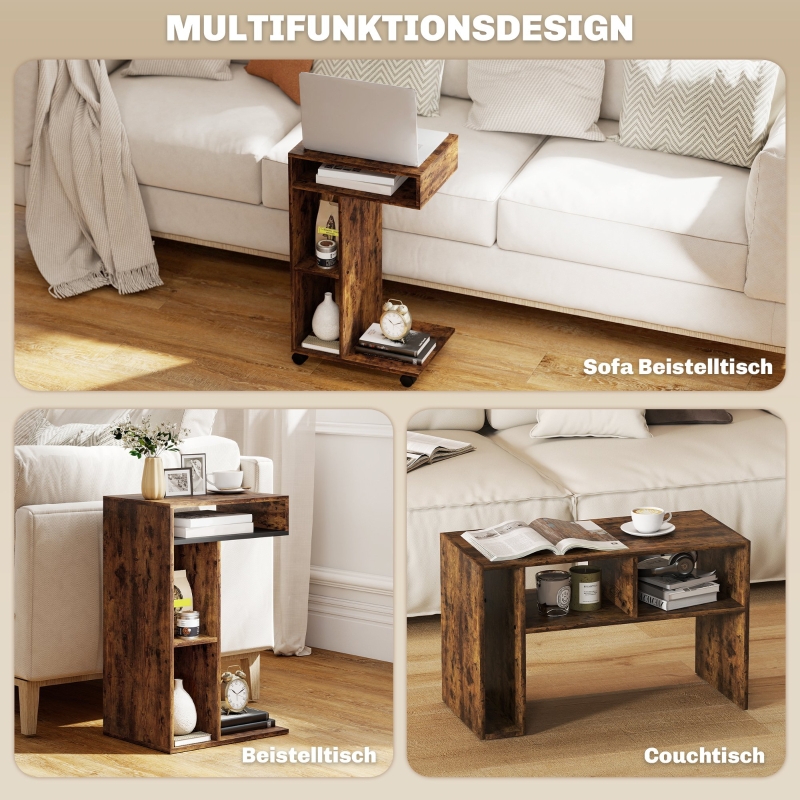 Table d'appoint avec roulettes et freins, 3 compartiments de rangement, design multifonctionnel pour canapé et lit, 40x30x69 cm