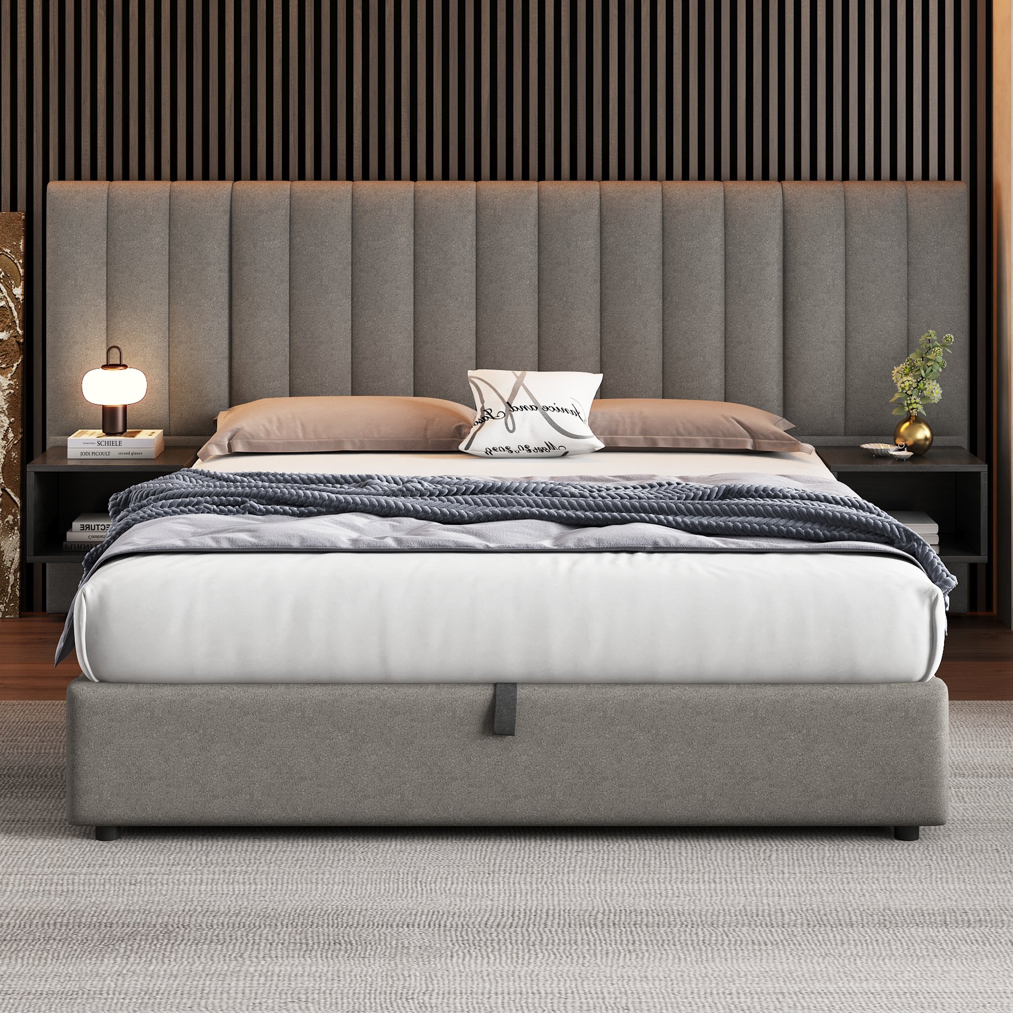 Lit coffre 160x200 cm pour adultes, capacité 300 kg, inclut sommier à lattes, tables de chevet et espace de rangement caché
