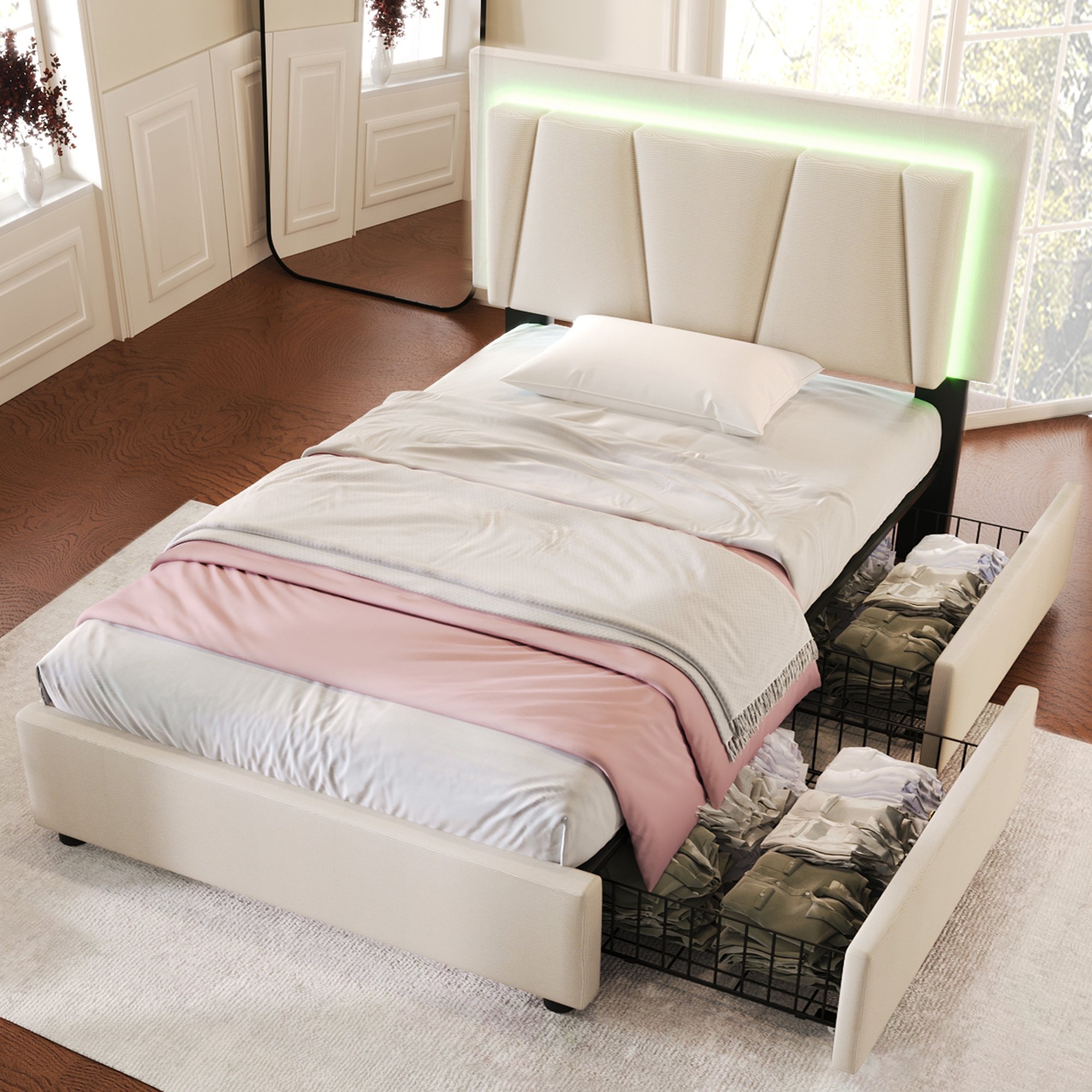 Lit LED 90x200 avec sommier, lit coffre beige capitonné tête de lit inclinable et 2 tiroirs de rangement