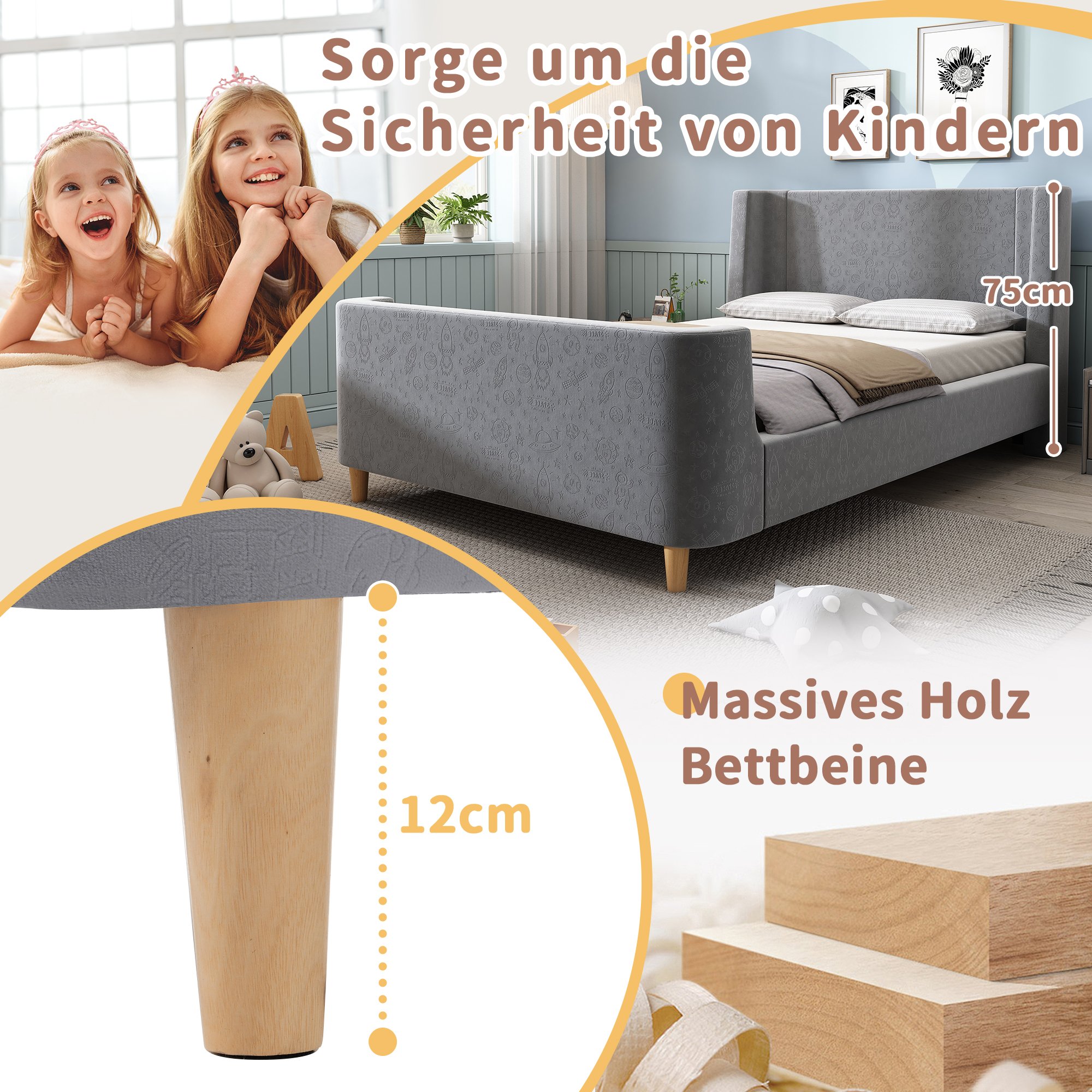Lit enfant 90x200 cm avec sommier à lattes intégré, design traîneau gris et velours doux pour chambre