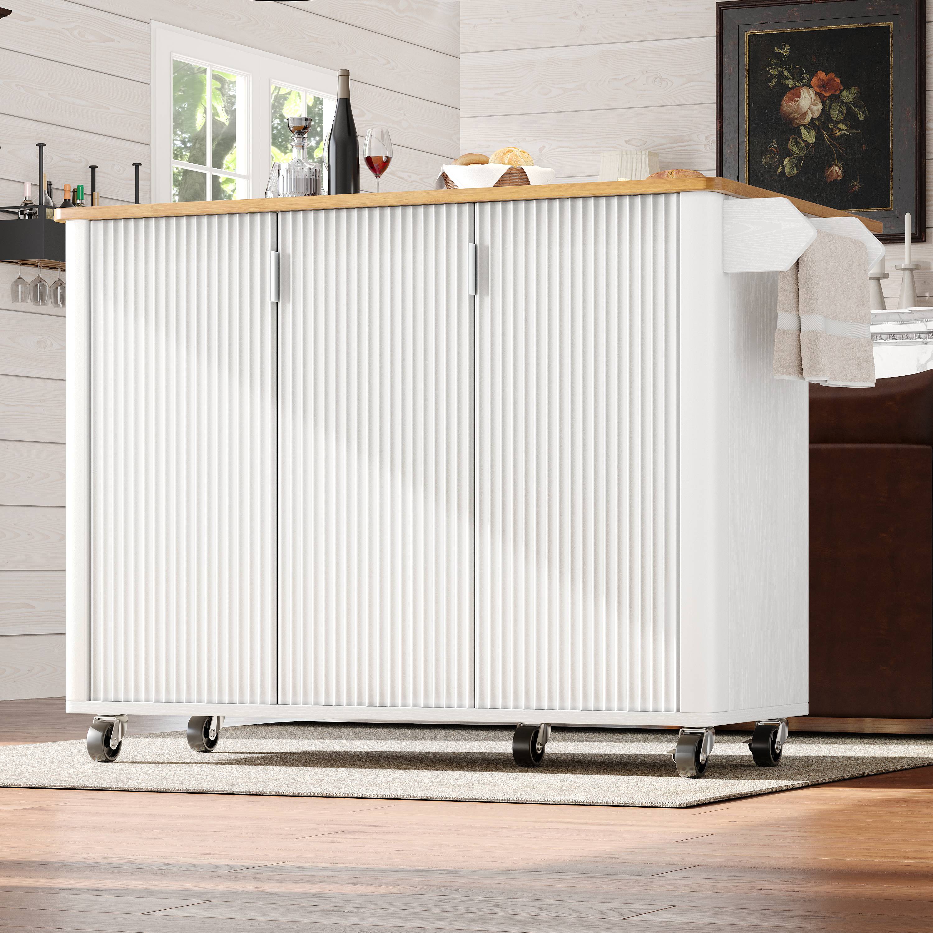 Îlot de cuisine 130x45(75)x92cm, 3 portes, étagères réglables, sur roulettes, porte-serviettes, étagère à épices, blanc, Panneau composite de fibres de bois à densité