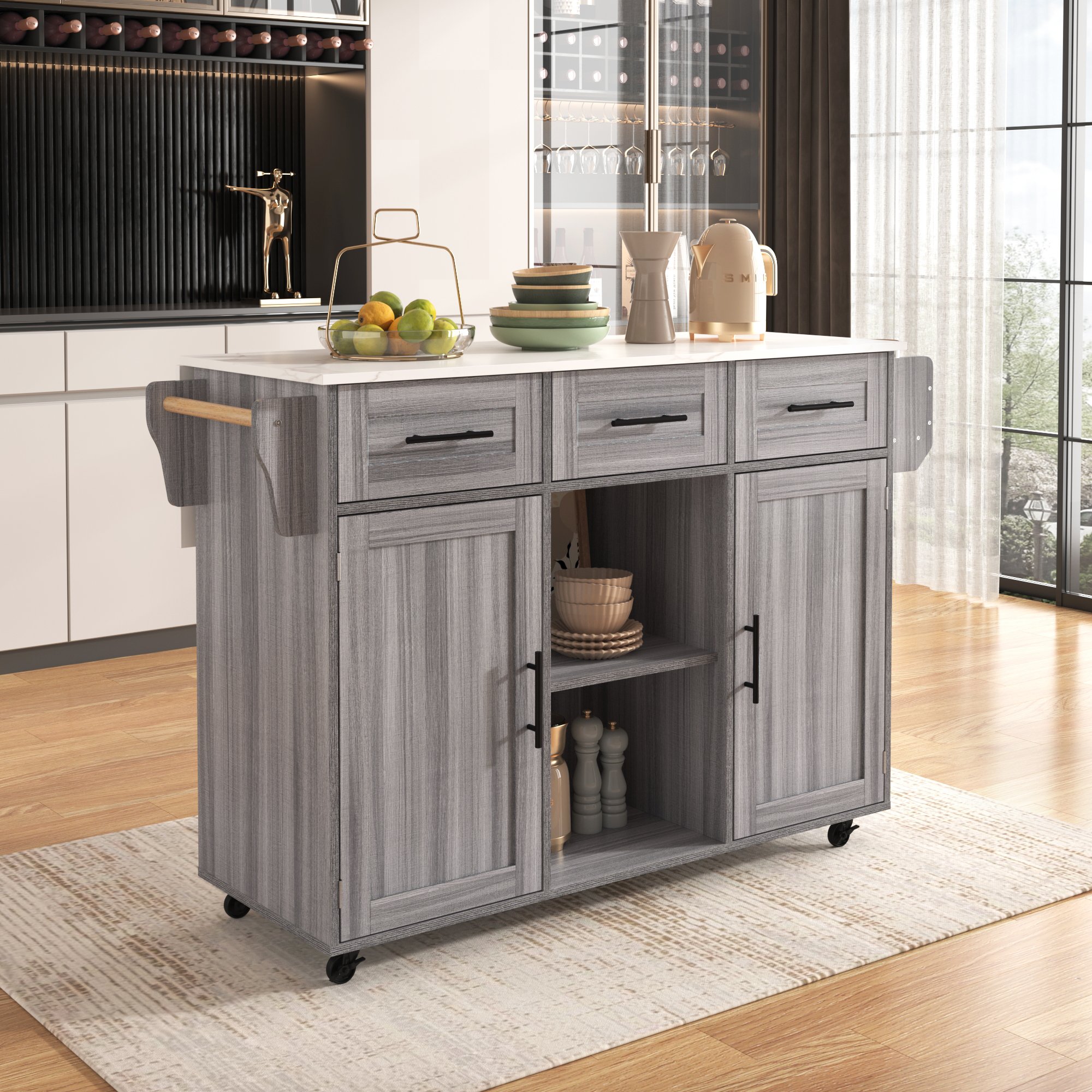 Îlot de cuisine en panneaux de particules, finition gris et blanc, avec rangements et plan rabattable, 139x46(71)x91,5 cm