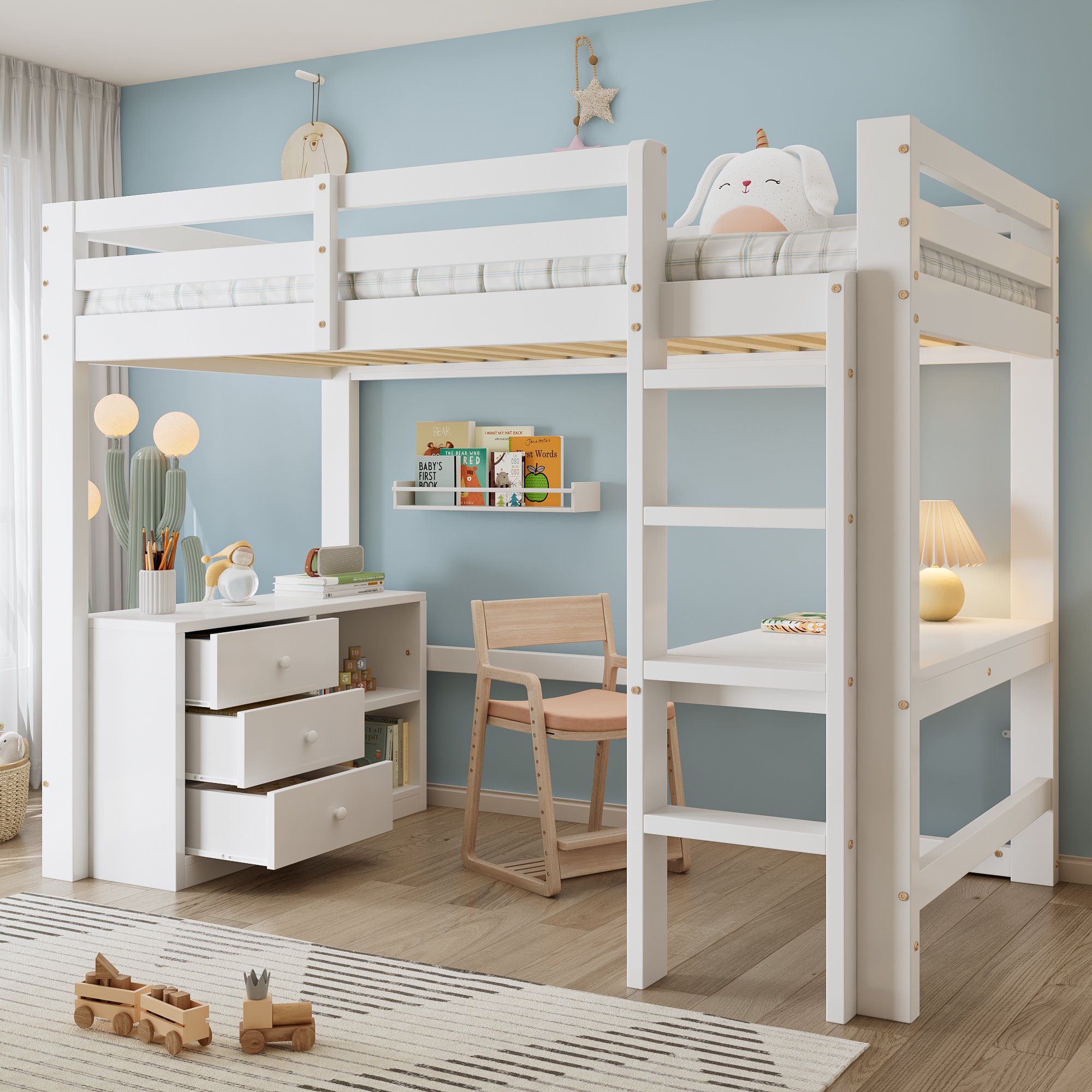 Lit mezzanine avec bureau intégré et rangements pour enfant, 90x200 cm