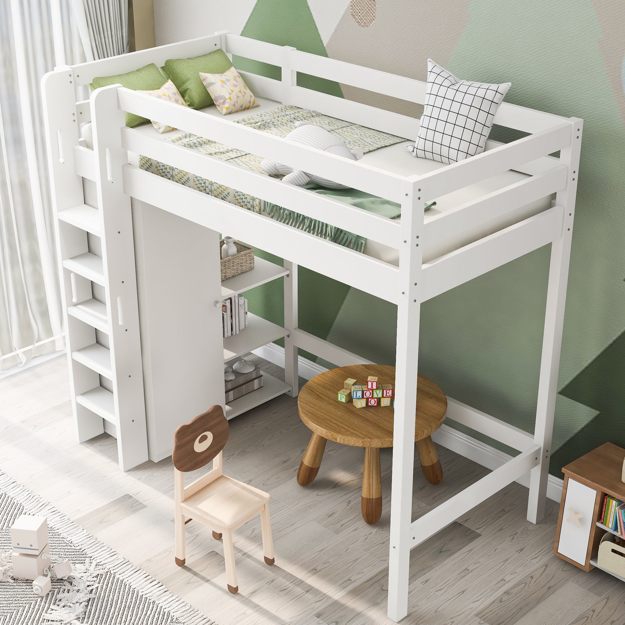 Lit mezzanine enfant en panneaux de particules E1 et bois massif, structure robuste blanche avec dressing et étagères ajustables