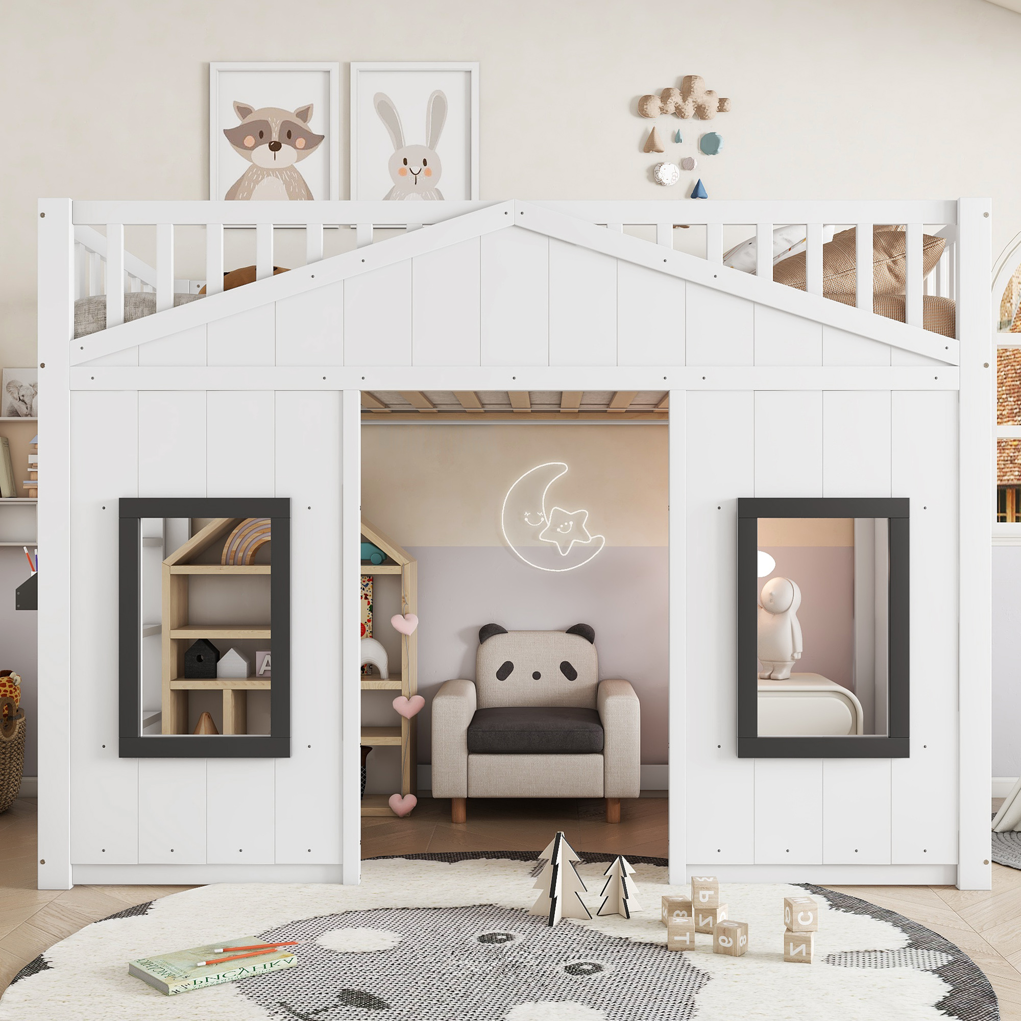 Lit superposé 90x200 avec rangement, échelle et fenêtres, en pin blanc pour enfant