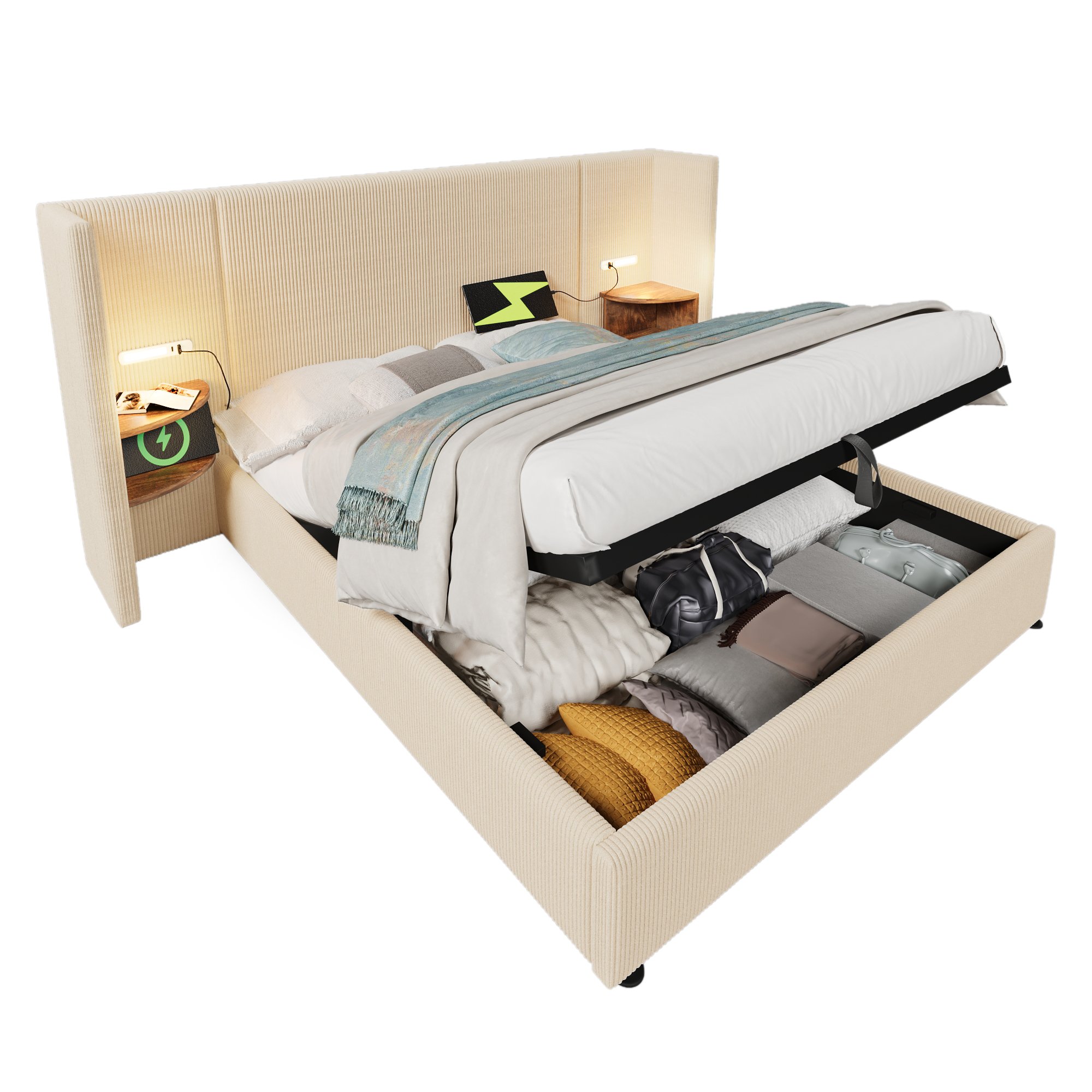 lit coffre double 180x200 cm avec cadre robuste supportant 226 kg, tête de lit multifonctionnelle et rangement sous matelas