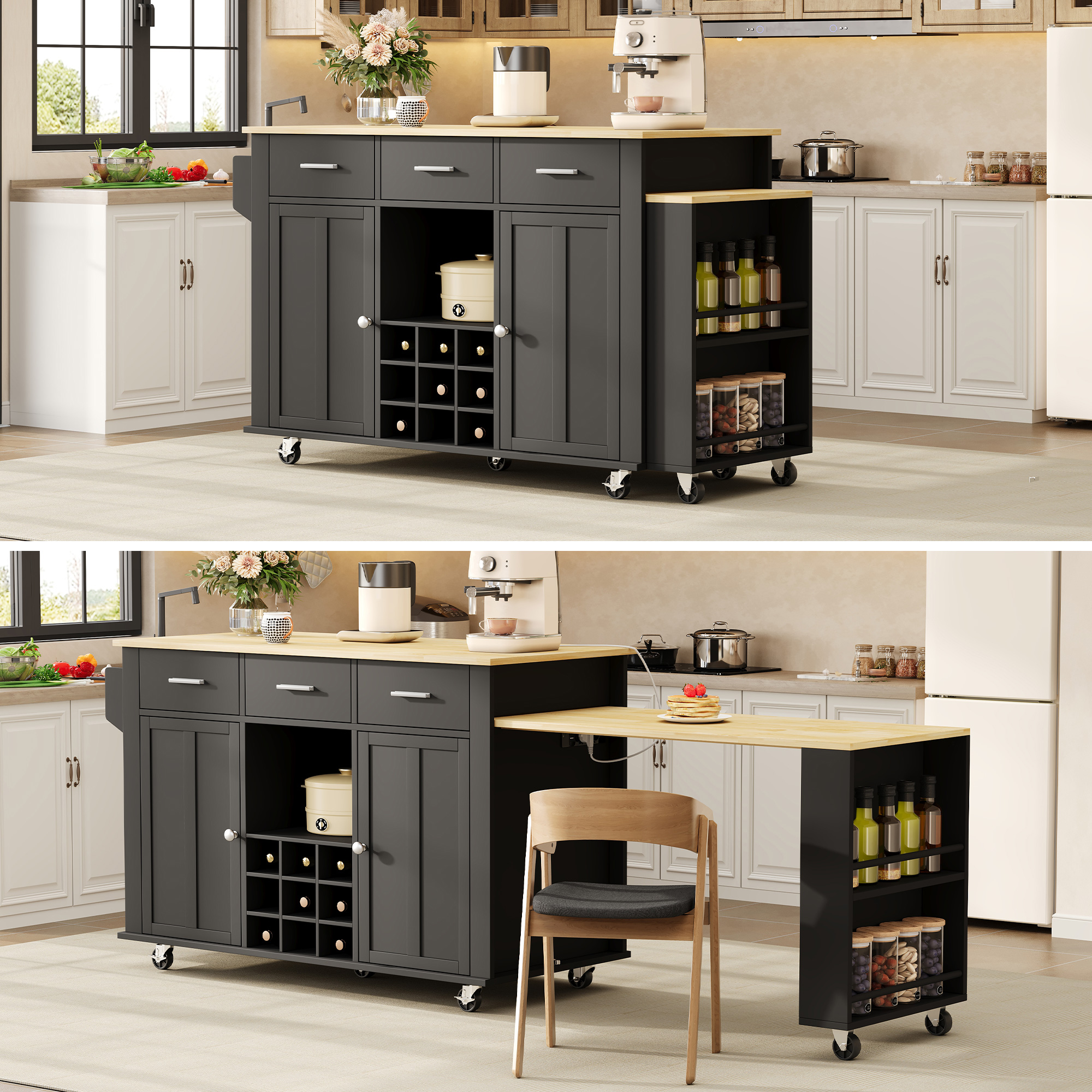 Îlot de cuisine 136(223)x50x93 cm avec plan de travail extensible, rangement, 3 tiroirs, prises, noir et bois, pour 2 personnes
