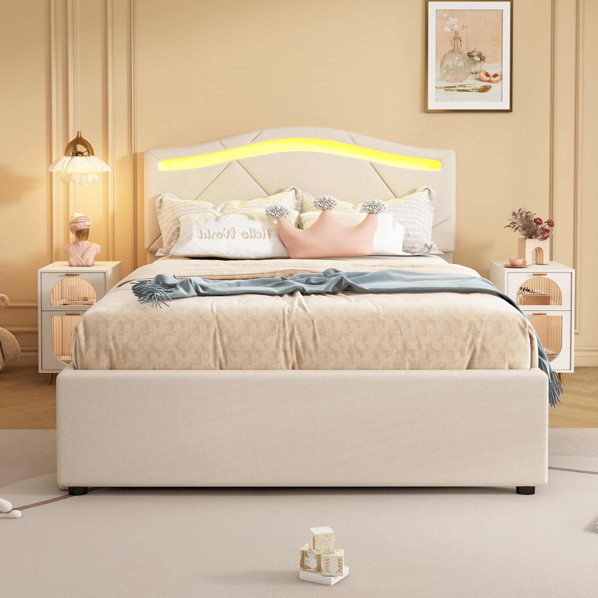 Lit capitonné 90x200 avec sommier à lattes, tiroirs et LED, beige