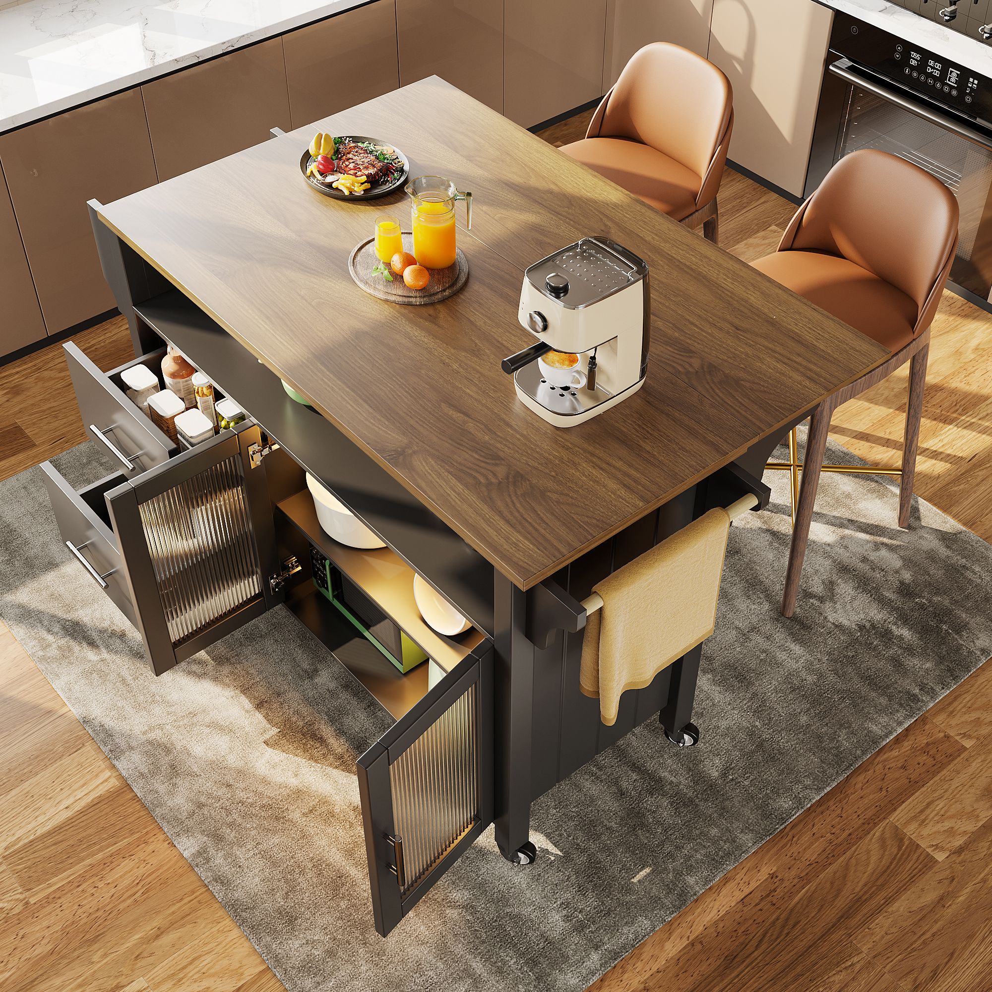 Îlot de cuisine sur roulettes avec table rabattable, rangement spacieux, éclairage LED et porte-serviettes, noir