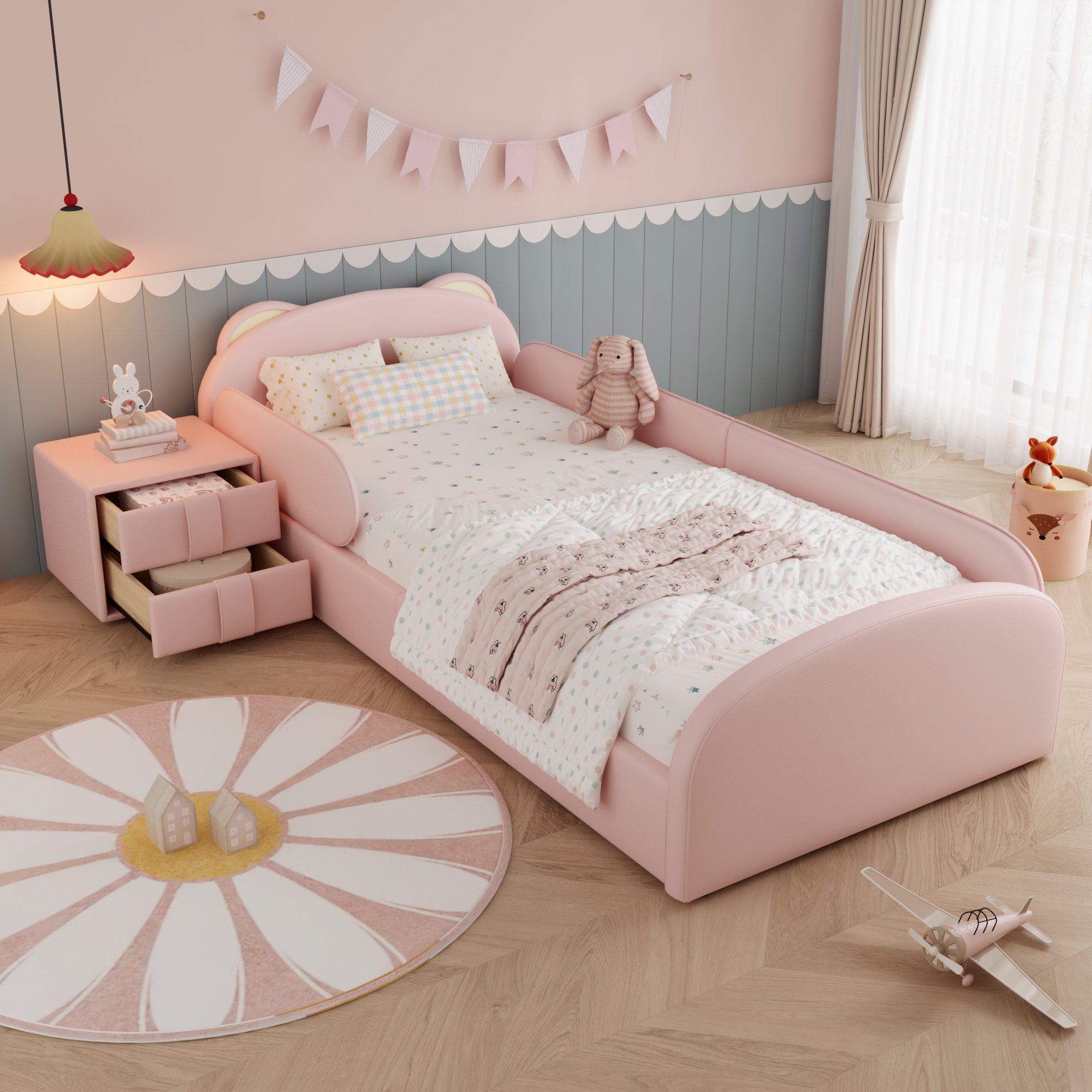 Lit enfant avec tête d'ours et protection anti-chocs, 90x200, rose, avec table de chevet