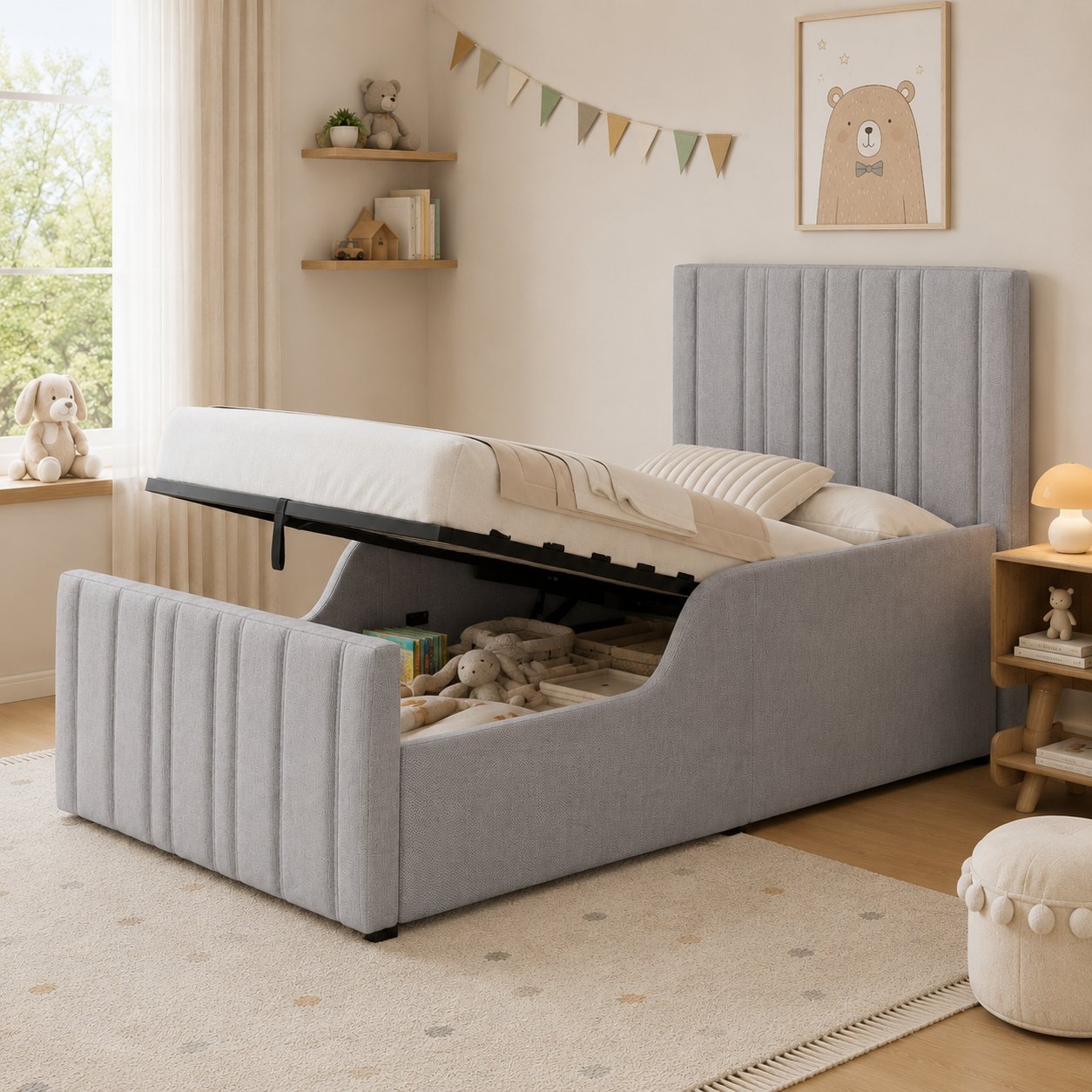 Lit coffre simple 90x200 cm dimensions totales 214.5 x 106.5 x 102 cm matelas recommandé moins de 15 cm sans tiroirs