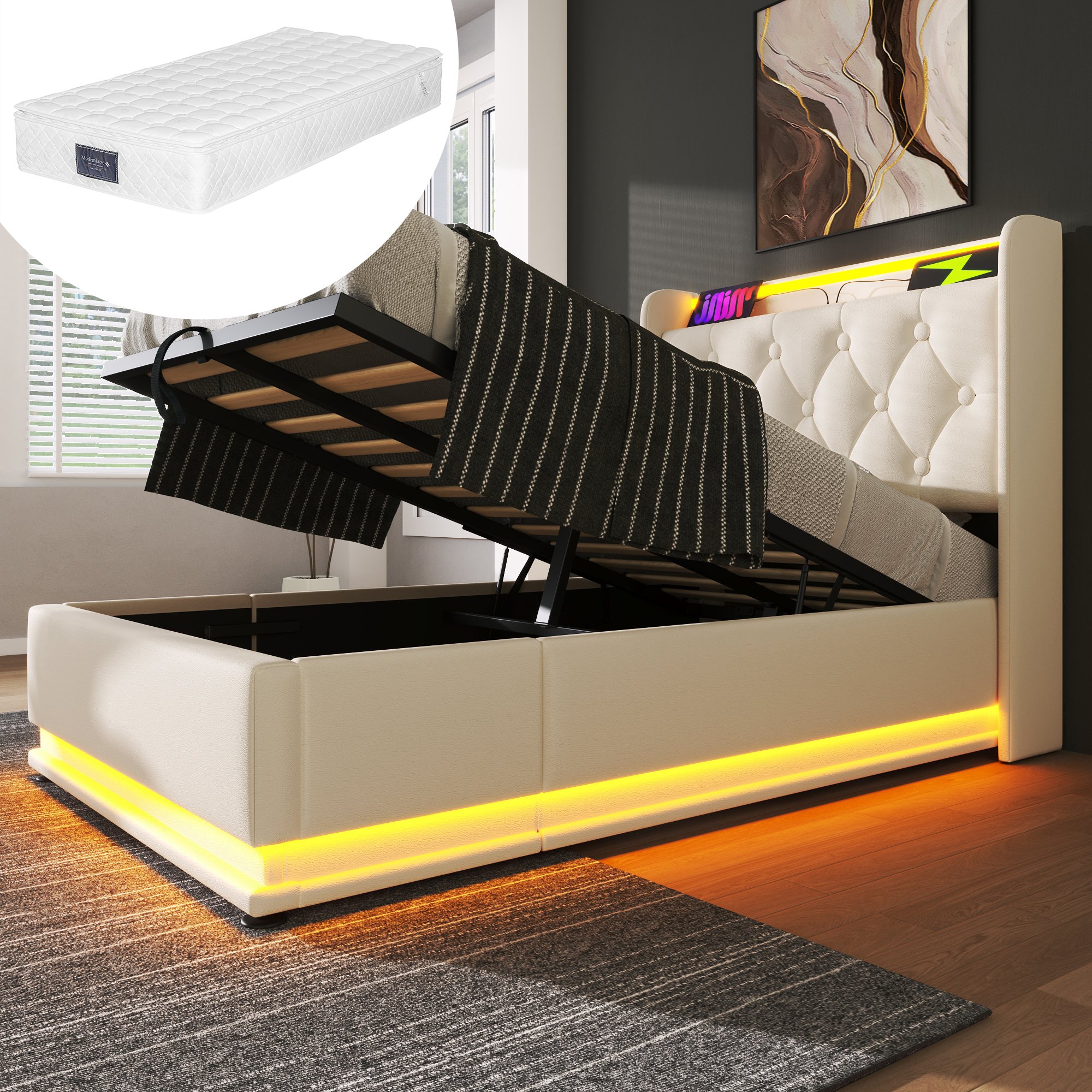 Lit coffre 90x200 blanc LED 360° avec matelas, rangement hydraulique et USB Type-C