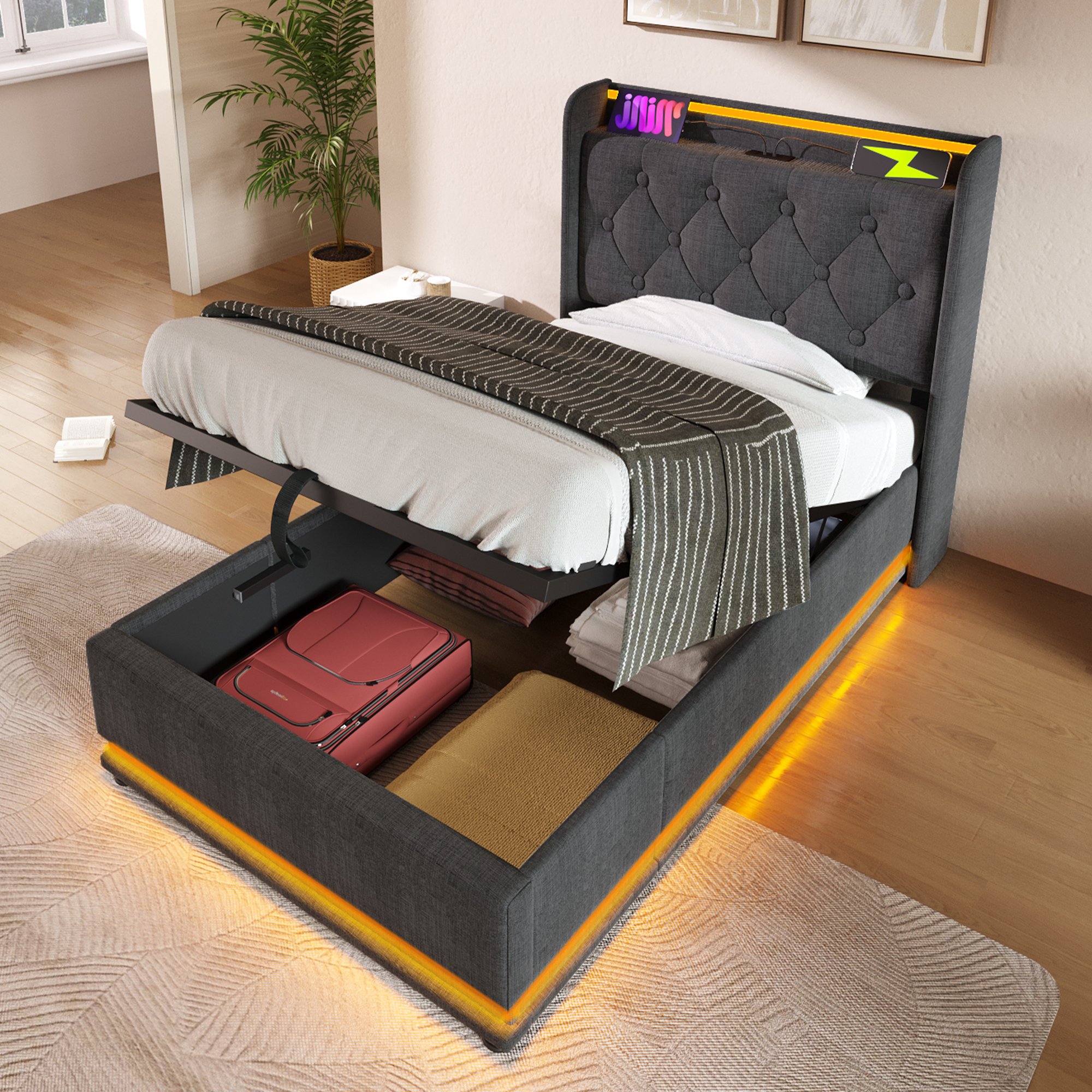 Lit coffre 90x200 gris avec LED, rangement hydraulique, tête de lit capitonnée USB Type-C et matelas inclus