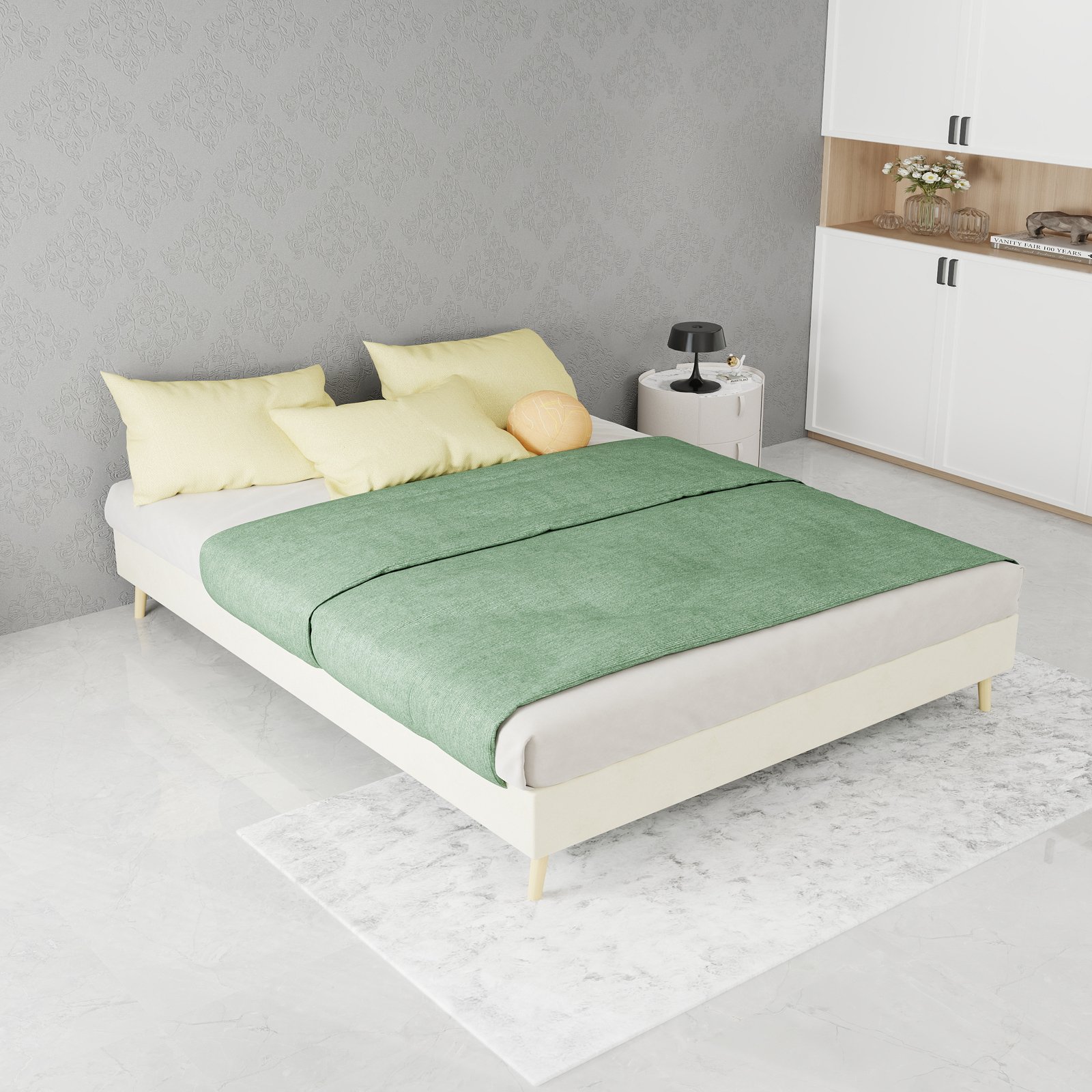 Cadre de lit 140x200 avec revêtement en velours, design minimaliste, base basse, pour chambre moderne