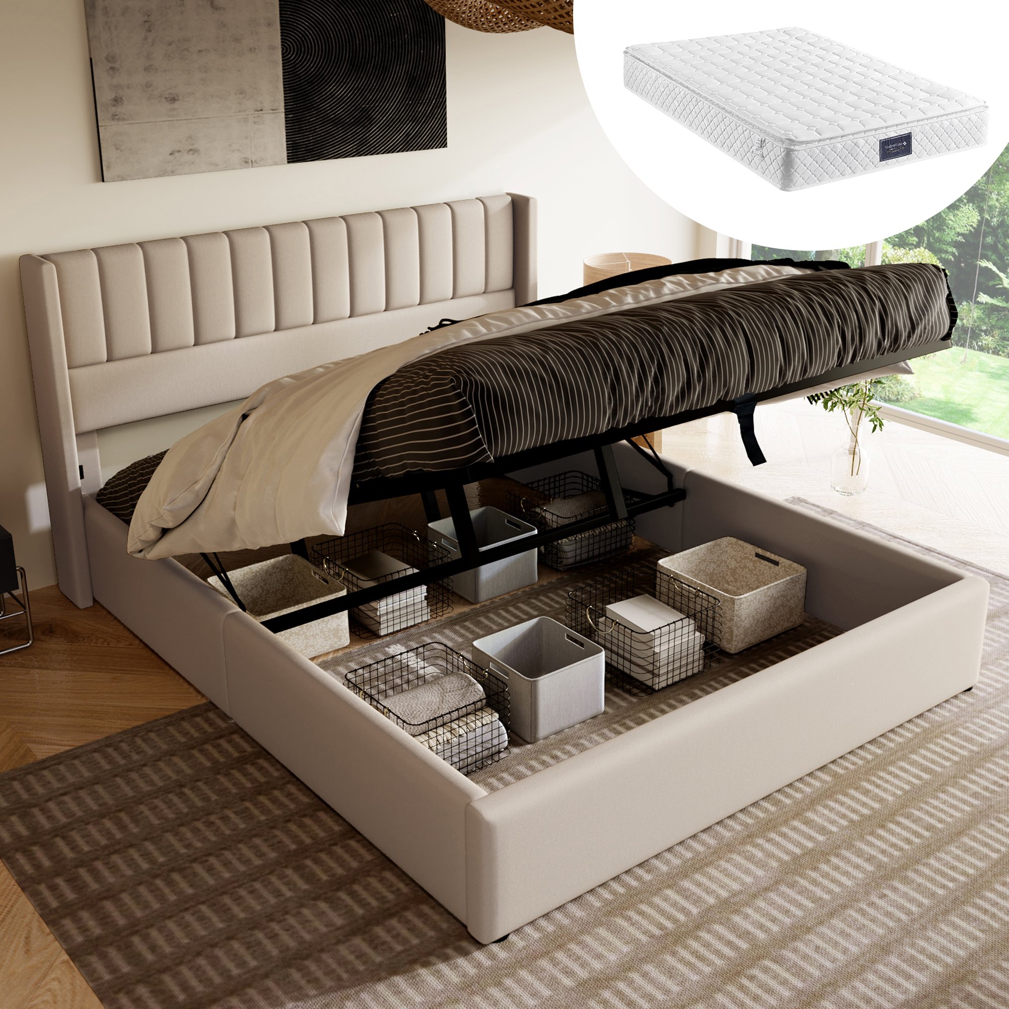 lit coffre 140x200 beige rembourré avec matelas et sommier à lattes, rangement hydraulique