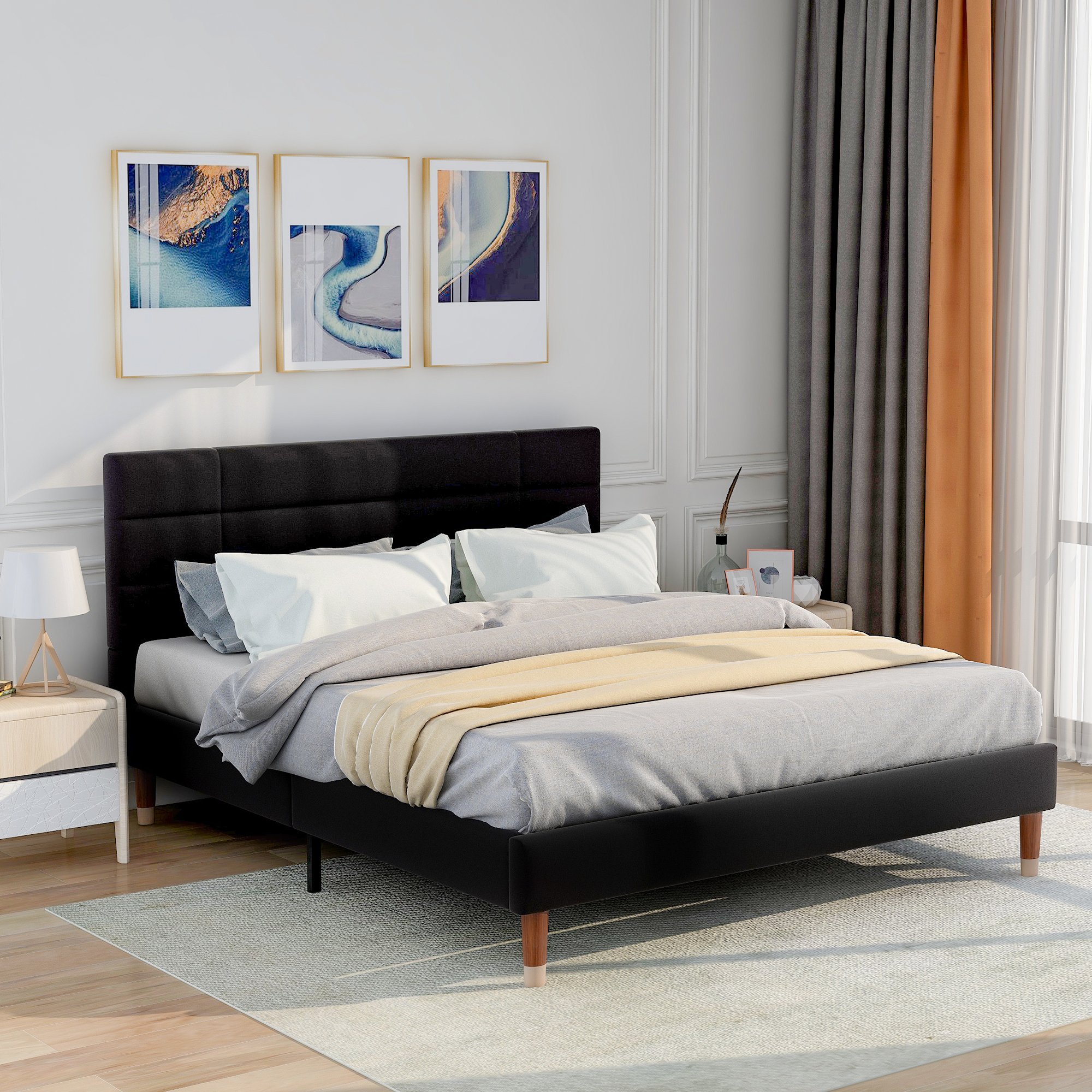 lit double avec sommier et matelas, structure en bois massif et métal noir avec revêtement en tissu lin et pieds laiton