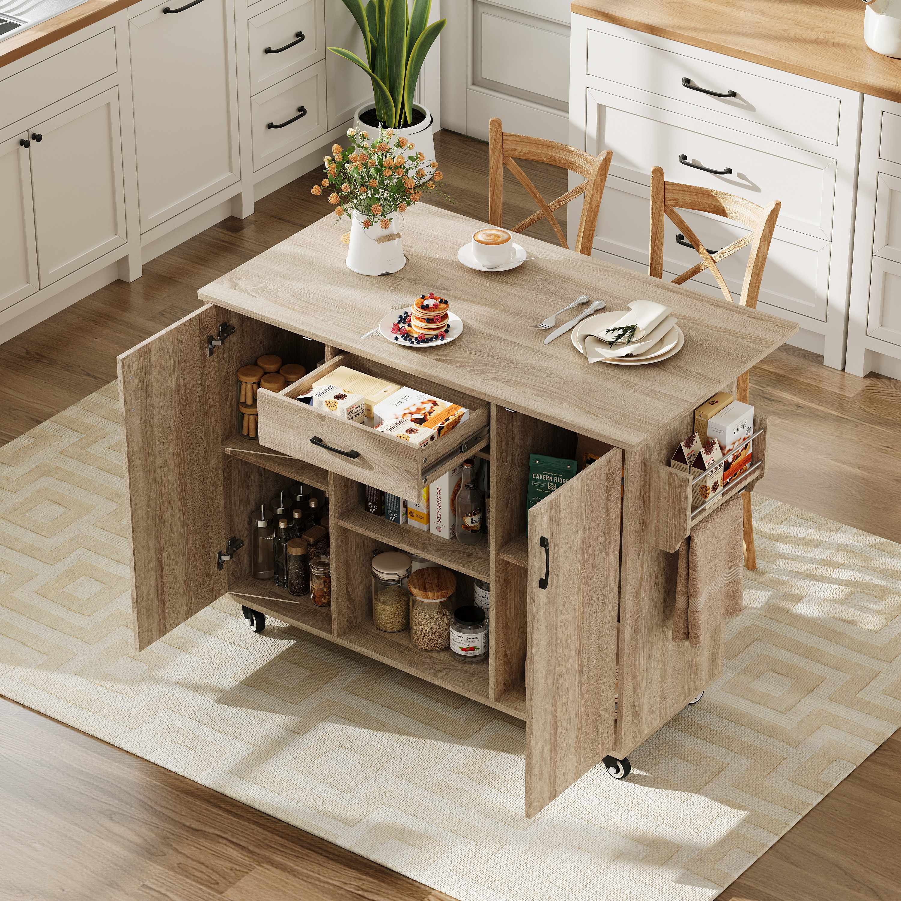 Îlot de cuisine avec plan de travail rabattable, 120 cm, chêne sonoma, 5 roulettes, rangement