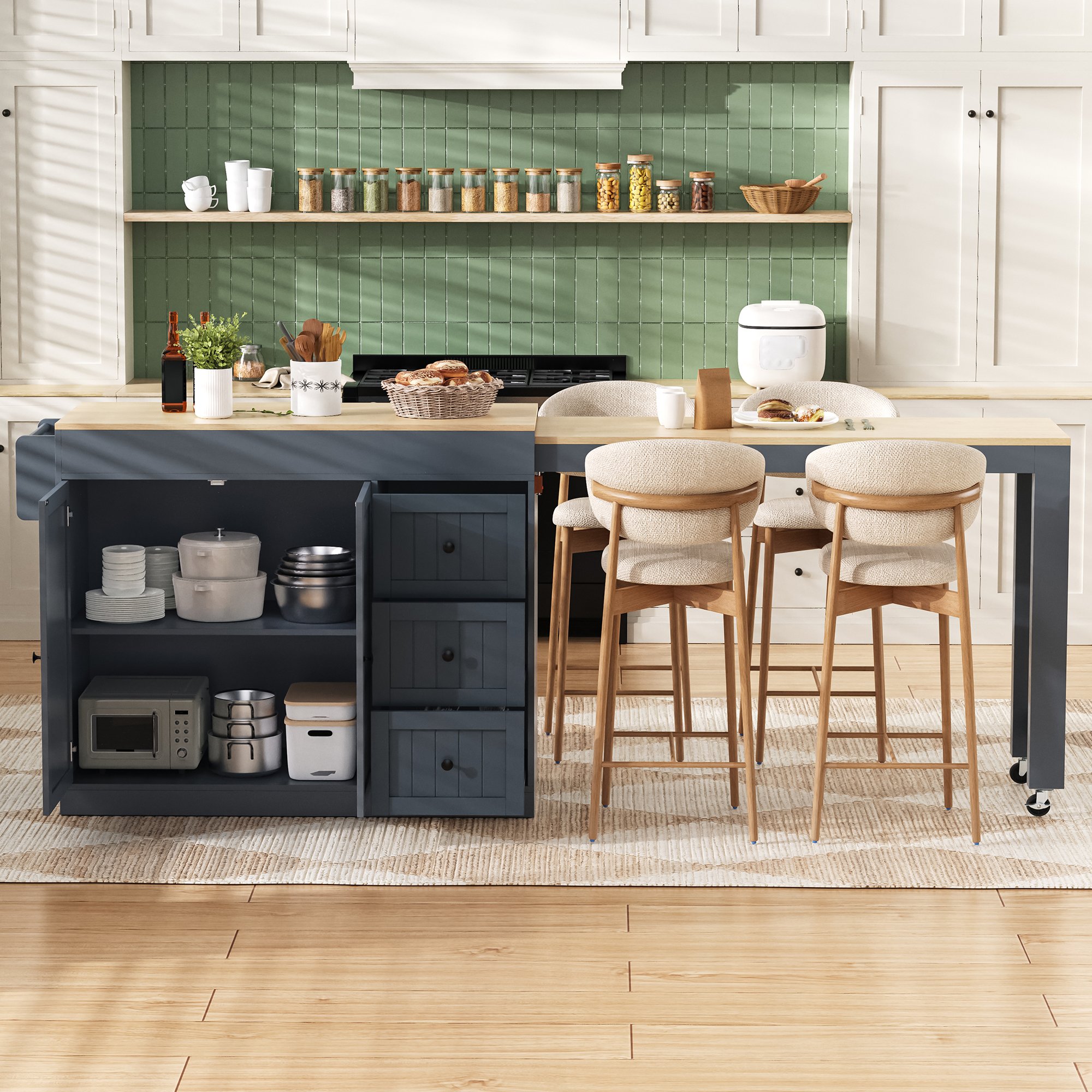 Îlot de cuisine en Panneau composite de fibres de bois à densité gris avec plan de travail extensible, rangements intégrés, tiroirs, sur roulettes, 130 x 45 x 93 cm
