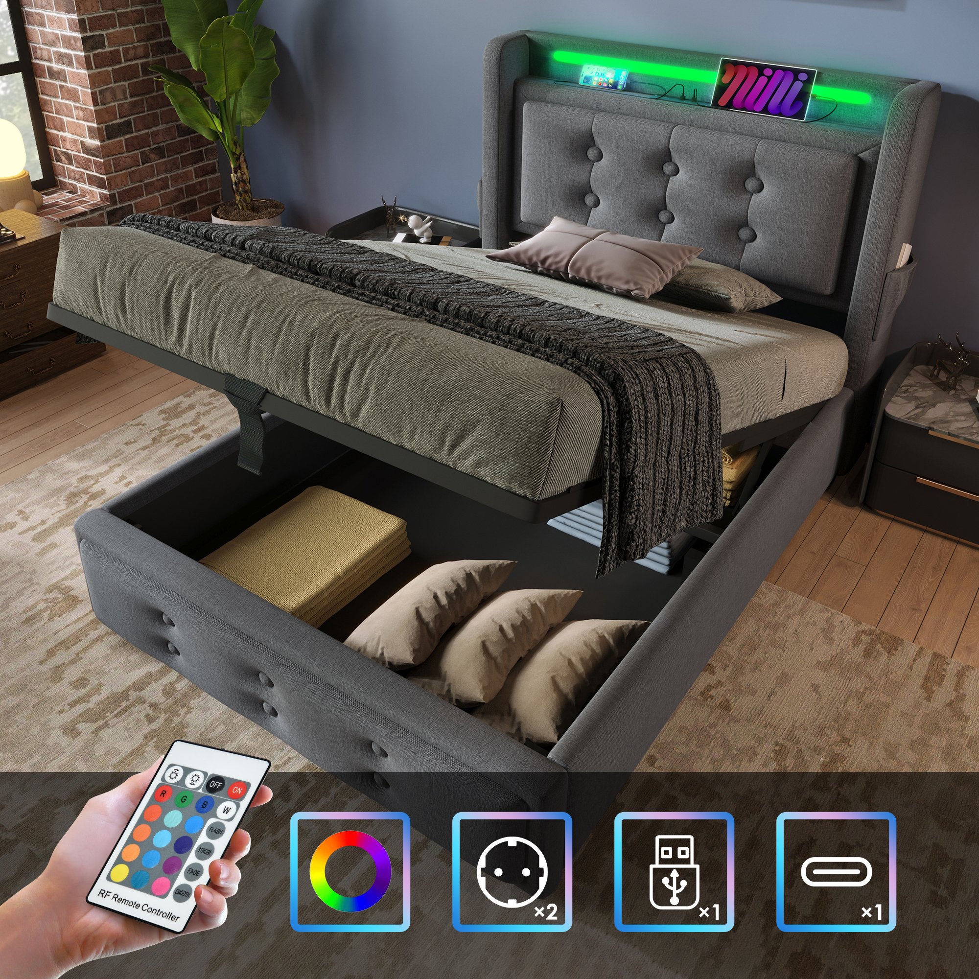 Lit coffre 90x200 avec LED et USB Type-C, tête de lit avec prises, sommier relevable hydraulique pour rangement facile