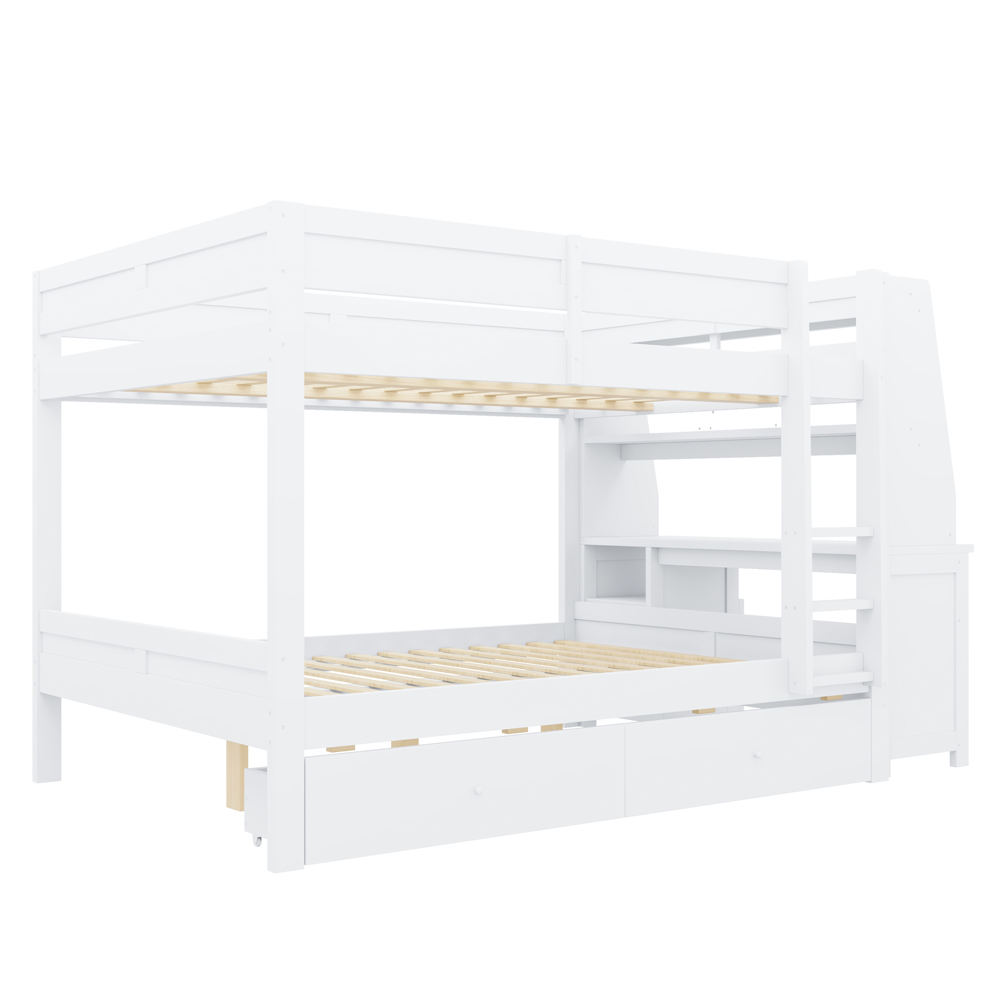 Lit superposé 140x200 blanc avec rangement, bureau et échelle - Bois pin et métal