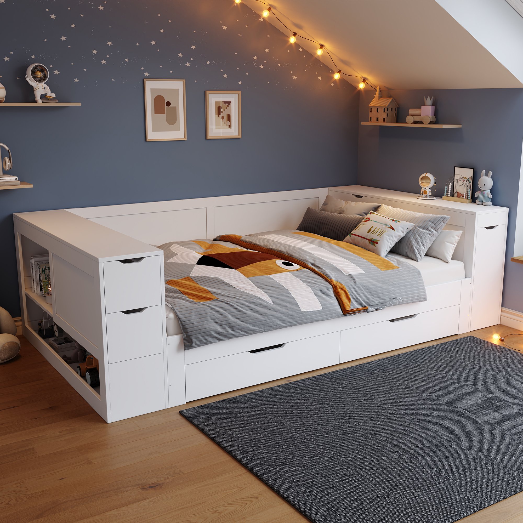 Lit coffre 140x200 blanc en Panneau composite de fibres de bois à densité avec tiroirs et étagères, structure robuste pour adolescent ou enfant, sans matelas