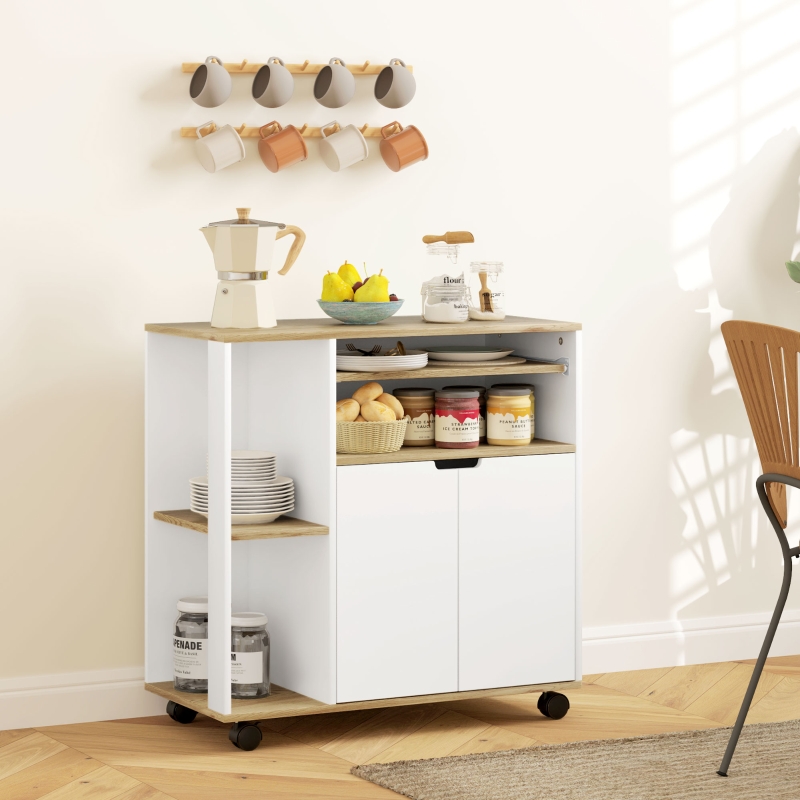 Îlot de cuisine 80x40x82 cm, blanc et bois, avec rangement, placard, étagères et plan de travail, sur roulettes