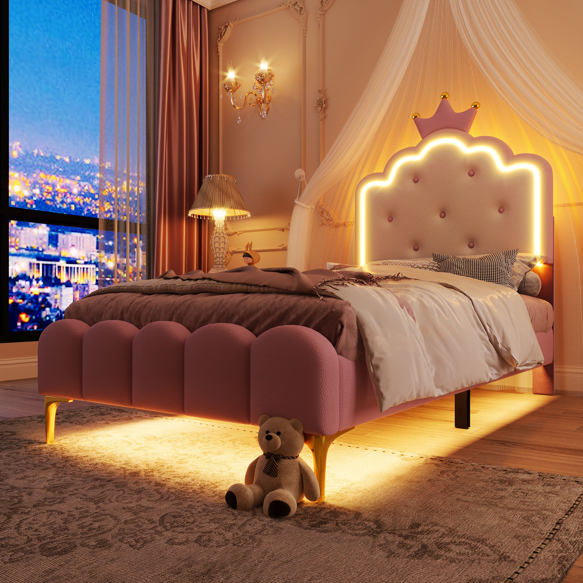 Lit rembourré 90x200 avec éclairage LED et sommier à lattes, rose