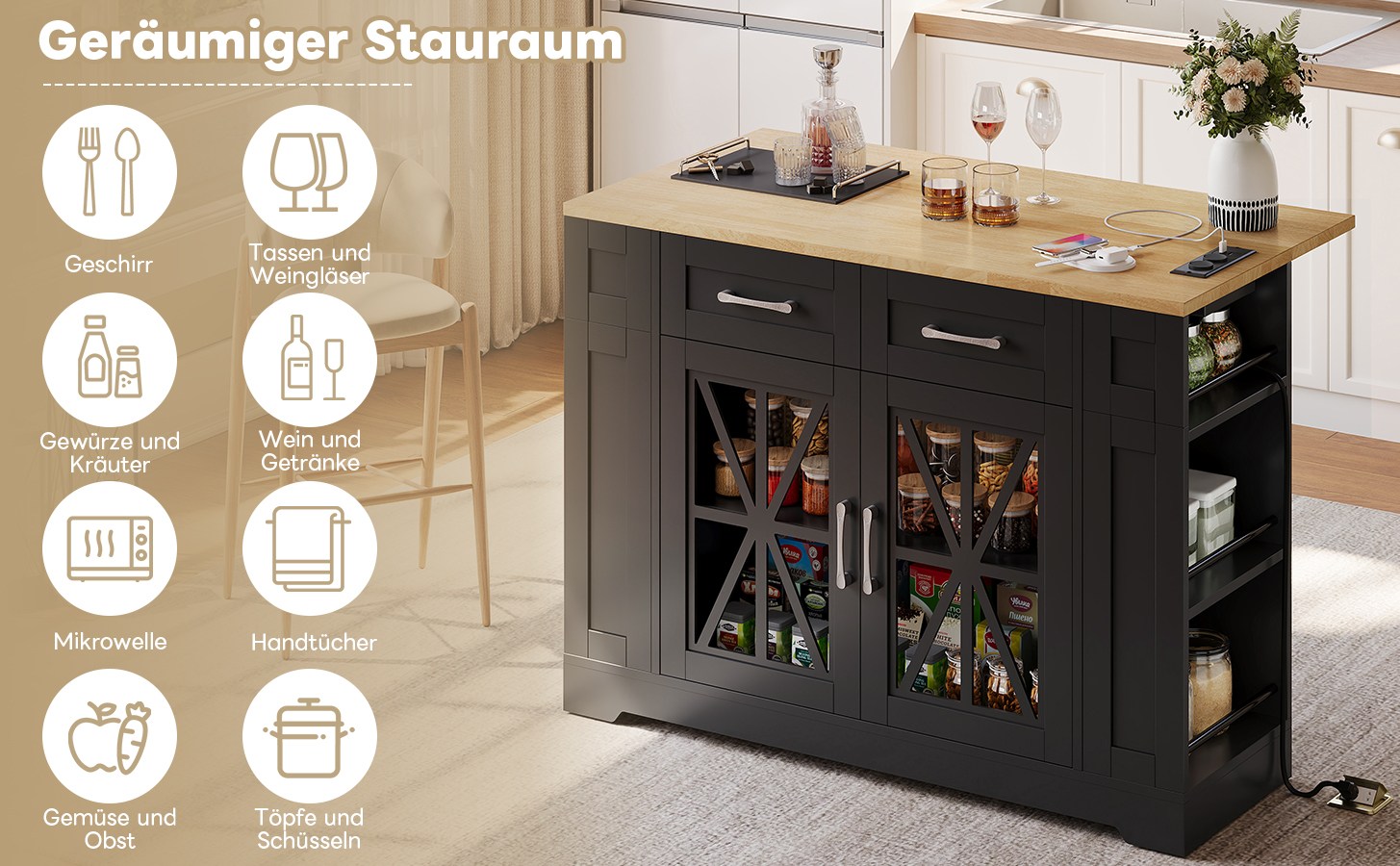 Îlot de cuisine avec table rabattable, 2 prises et 2 USB, rangement spacieux et 6 étagères, 120x65 cm