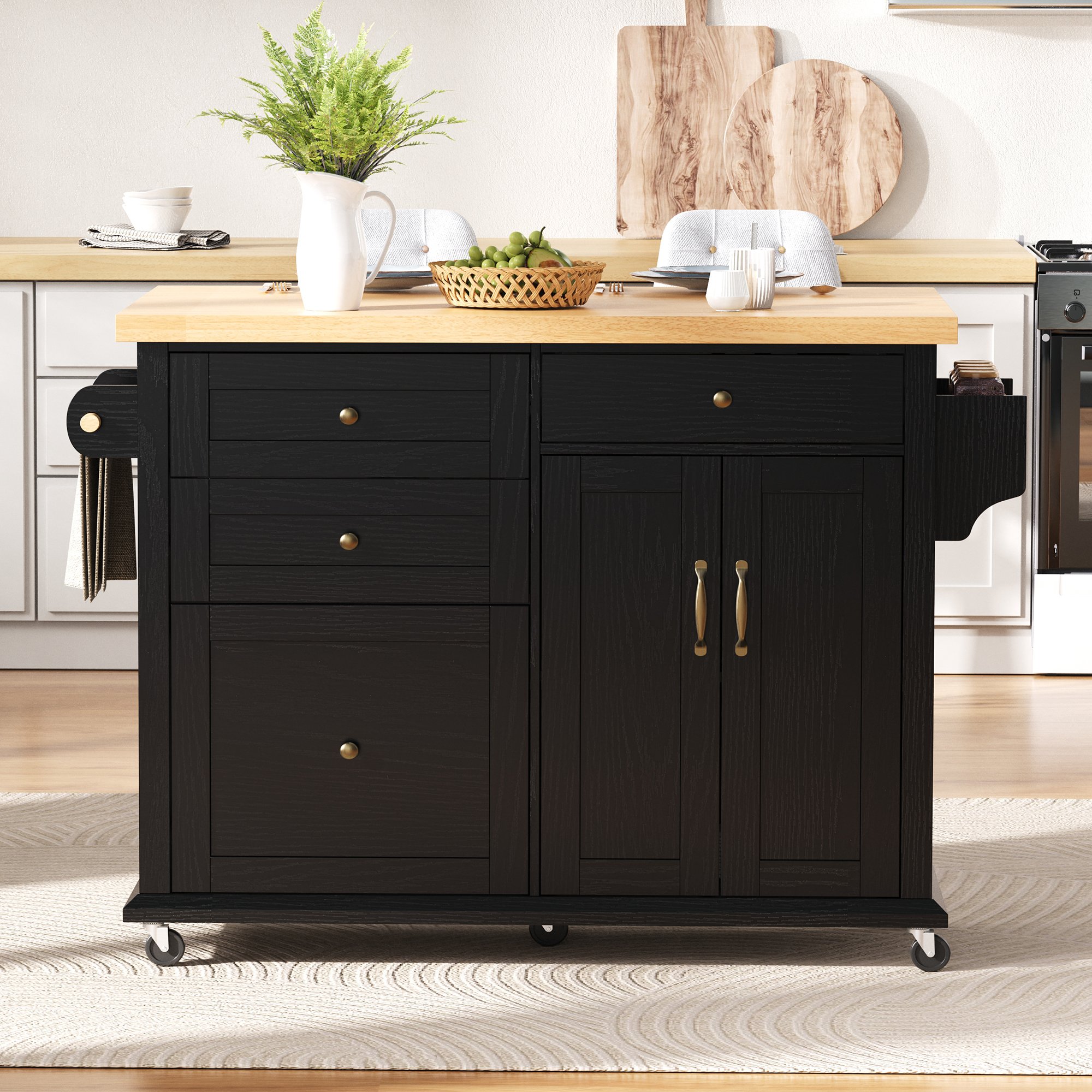 Îlot de cuisine extensible avec rangements multifonctions, table rabattable, sur roulettes, noir et bois clair