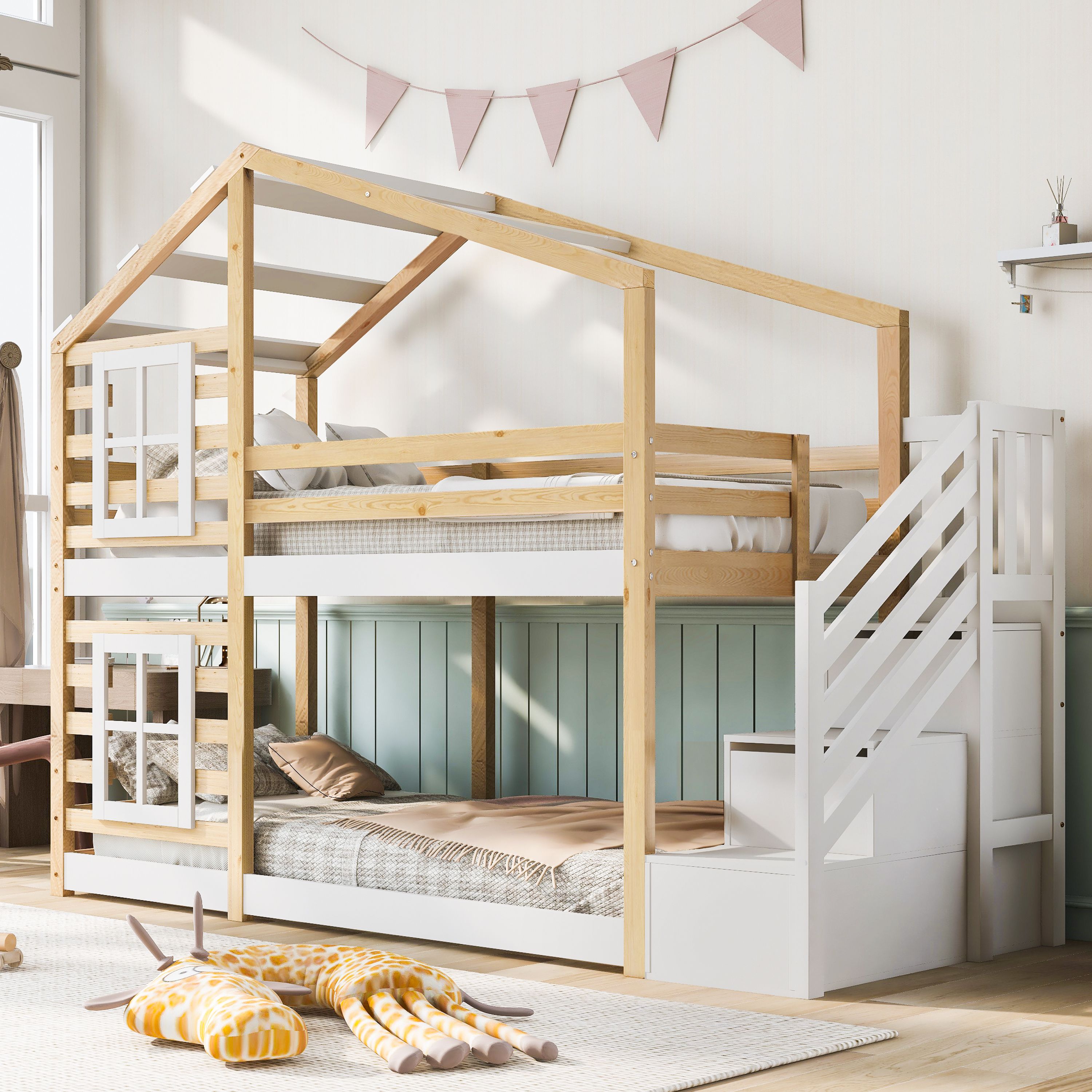 lit superposé enfant 90x200 en pin massif et Panneau composite de fibres de bois à densité blanc avec rangement intégré et échelle de sécurité certifiée EN 747-1