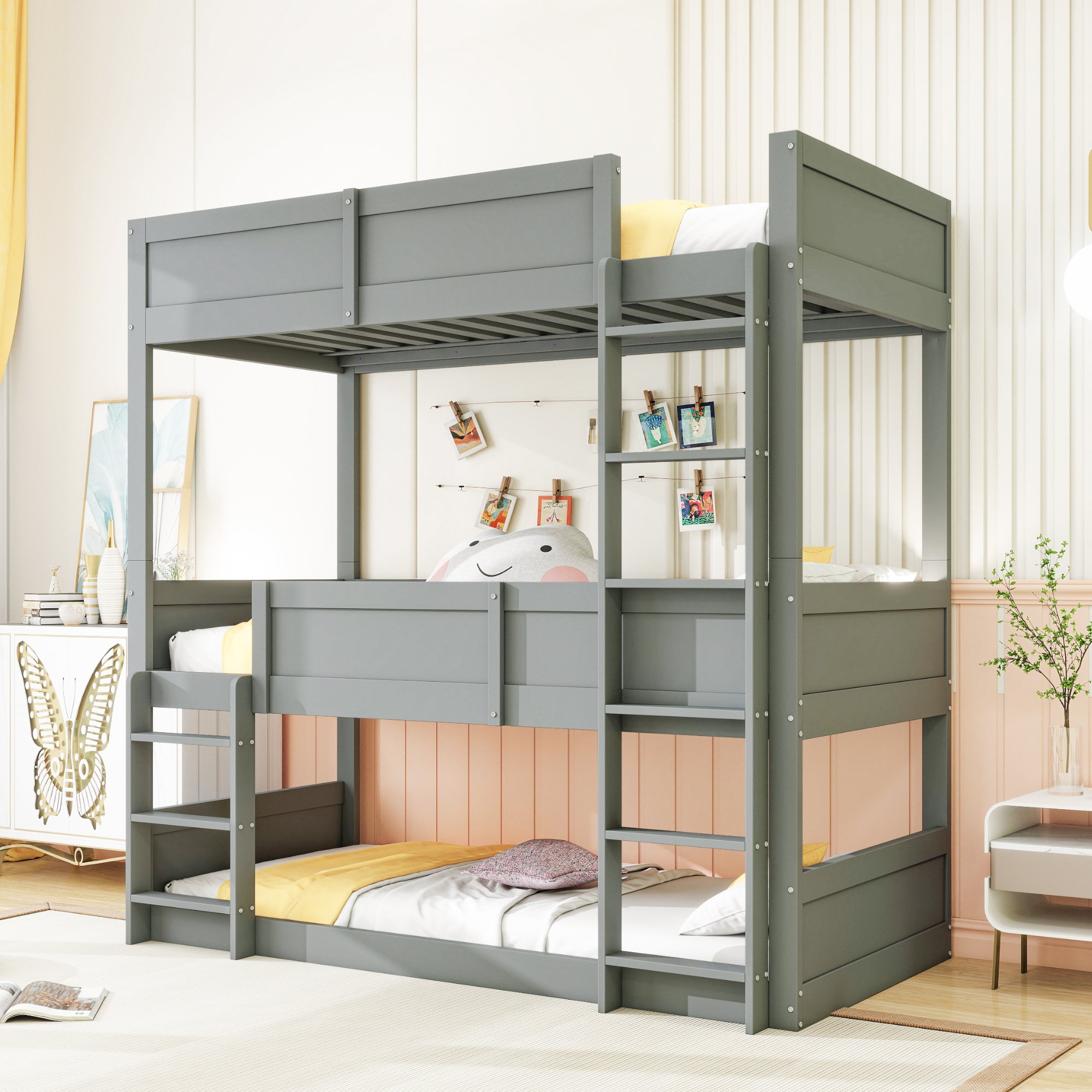 Lit mezzanine 90x200 pour enfant, 3 couchages, bois massif, gris, avec barrière de sécurité