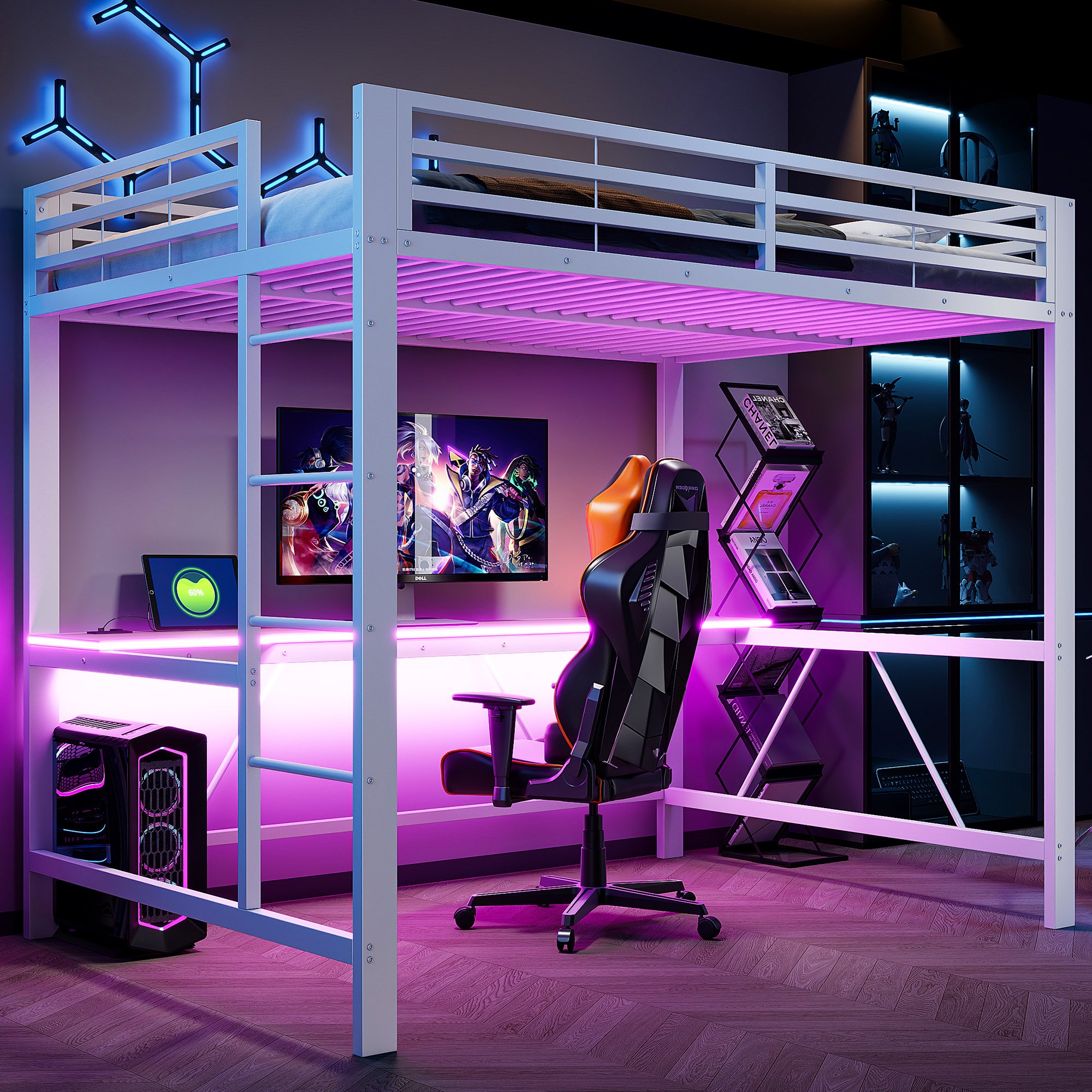 Lit mezzanine 140x200 avec bureau, rangement et LED, structure métallique