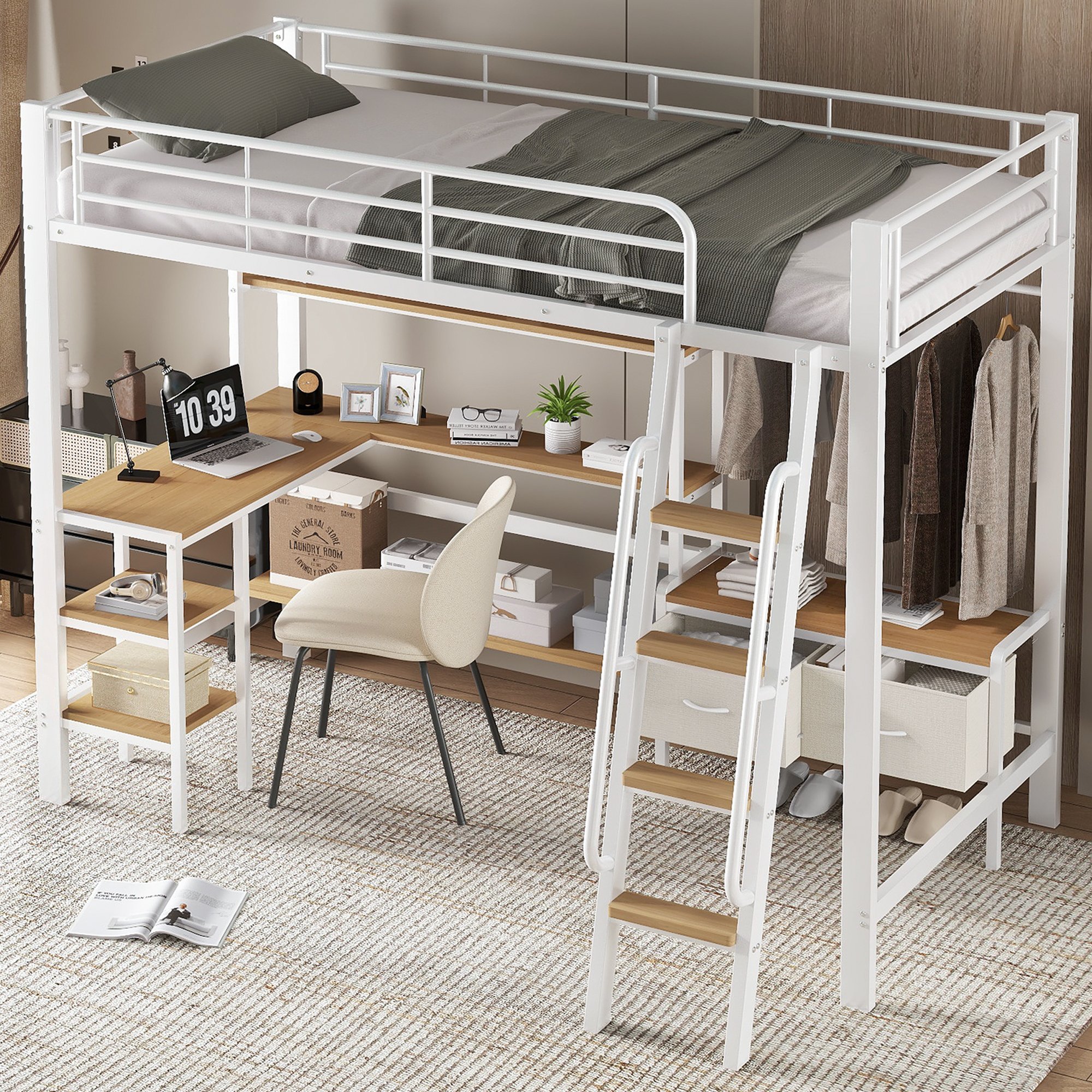 Lit mezzanine avec bureau intégré, rangements et échelle pour enfant, 90x200