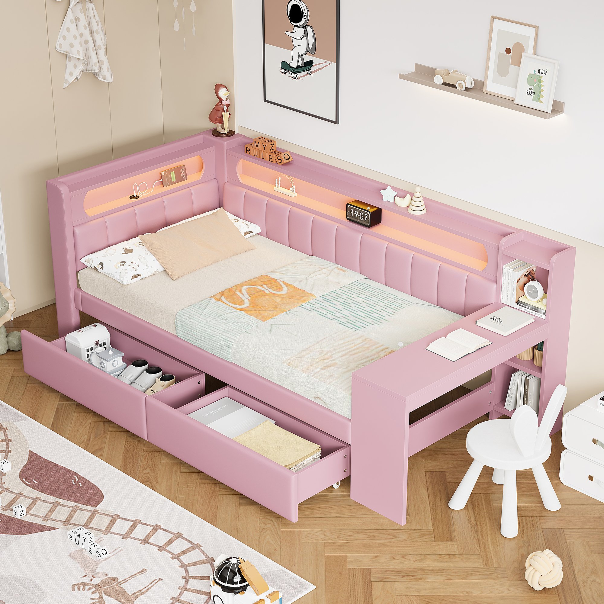 Lit coffre 90x200 avec bureau, tiroirs et LED, pour chambre d'enfant