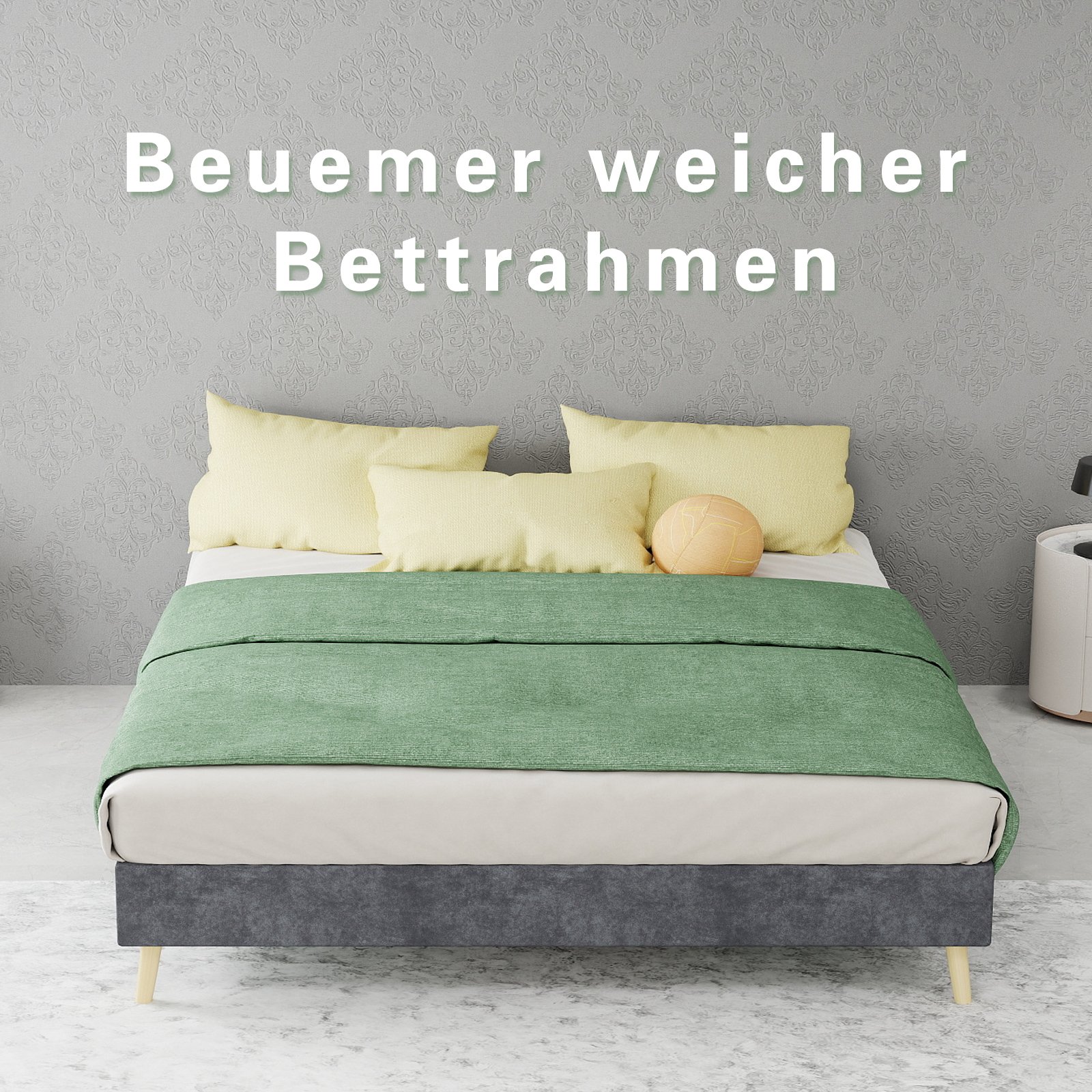 Cadre de lit 140x200 en velours gris, sans tête de lit ni matelas, à monter soi-même