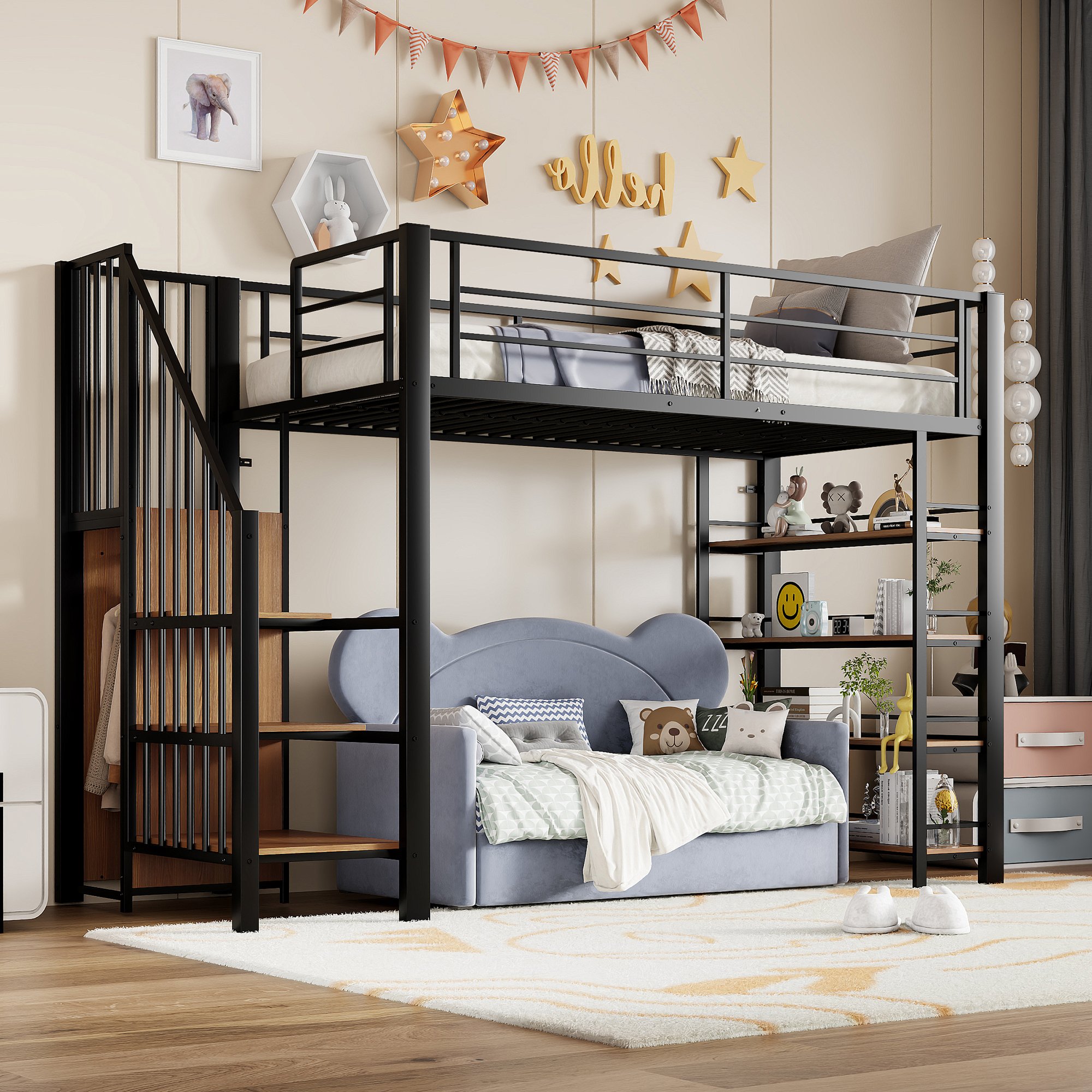 Lit mezzanine 90x200 cm en métal noir avec échelle, rangements et penderie pour enfant