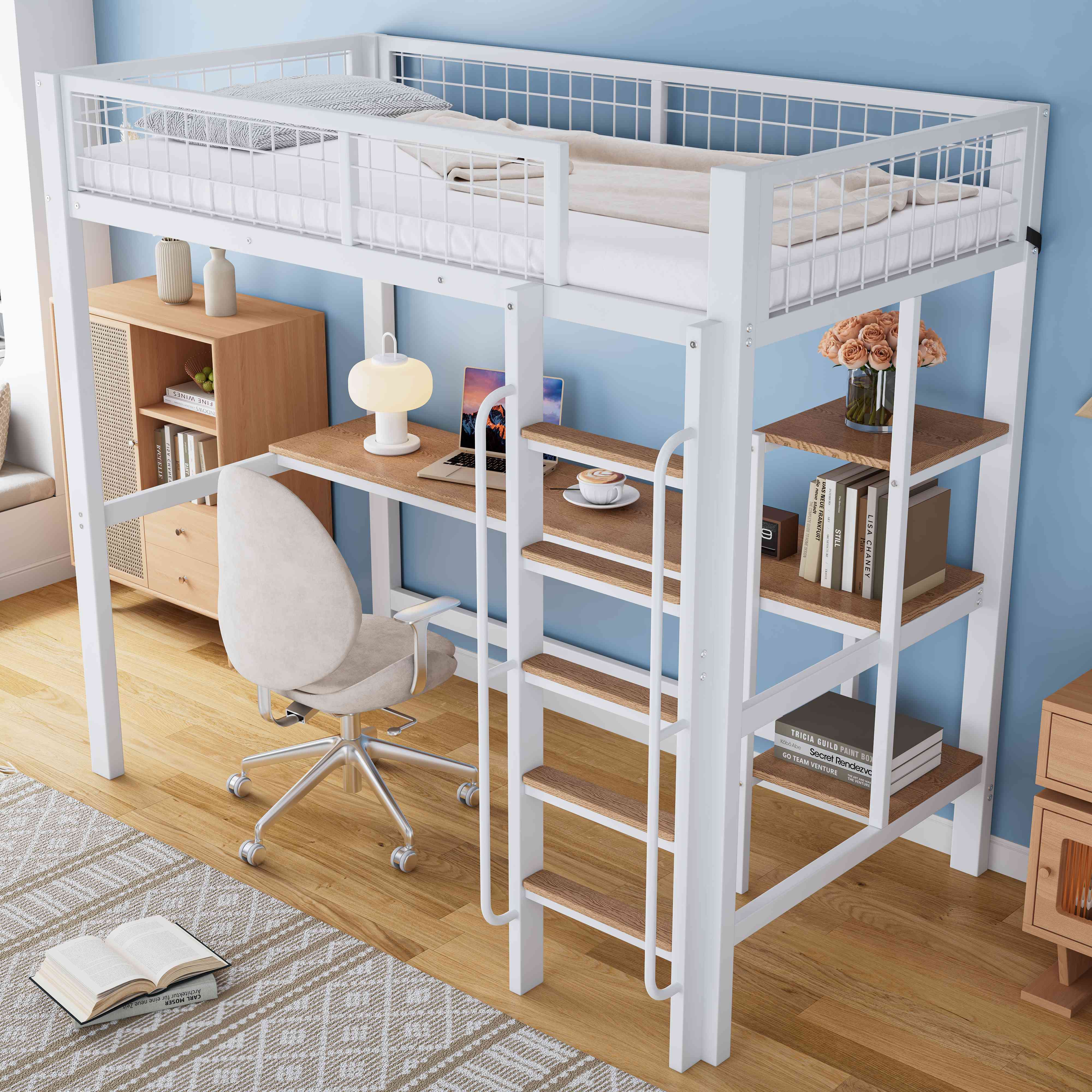 Lit superposé 90x200 avec bureau et rangements, échelle à 5 marches, blanc et naturel, pour enfant