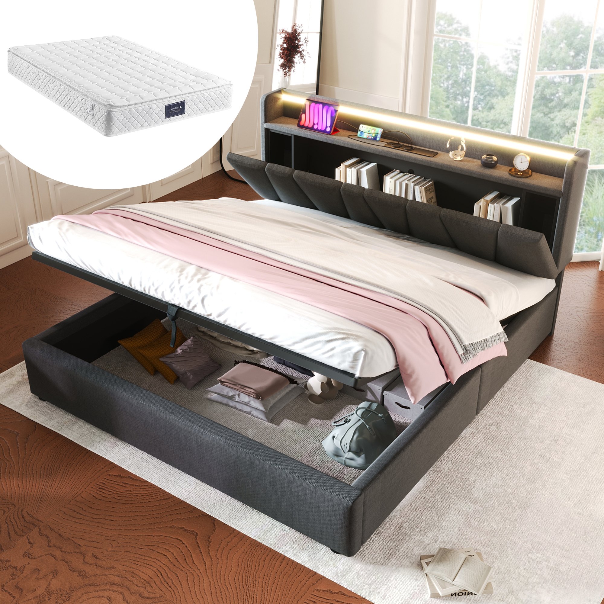 lit coffre 140x200 gris rembourré avec rangement hydraulique, LED RGB, ports USB et sommier à lattes