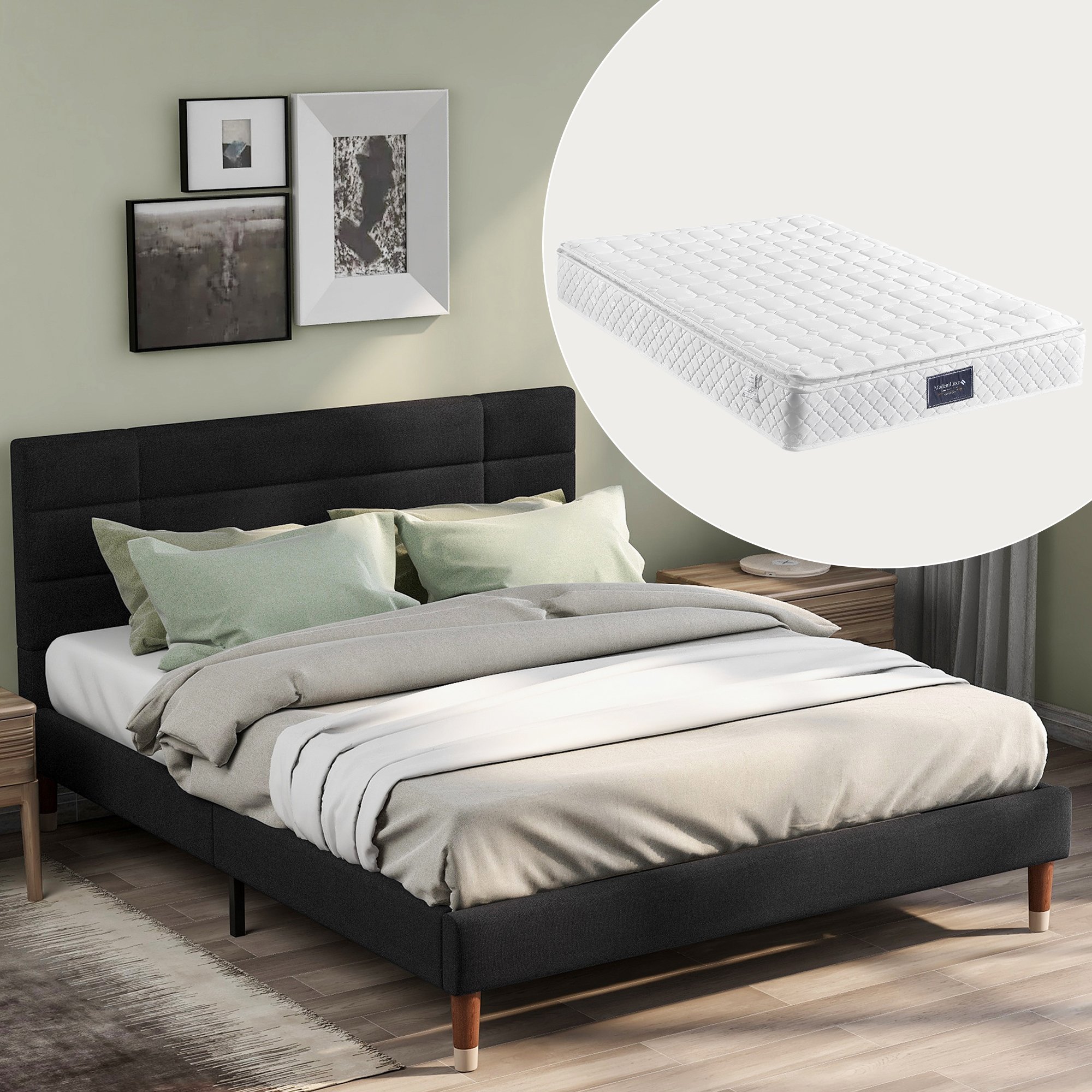 lit double avec sommier et matelas, structure en bois massif et métal noir avec revêtement en tissu lin et pieds laiton