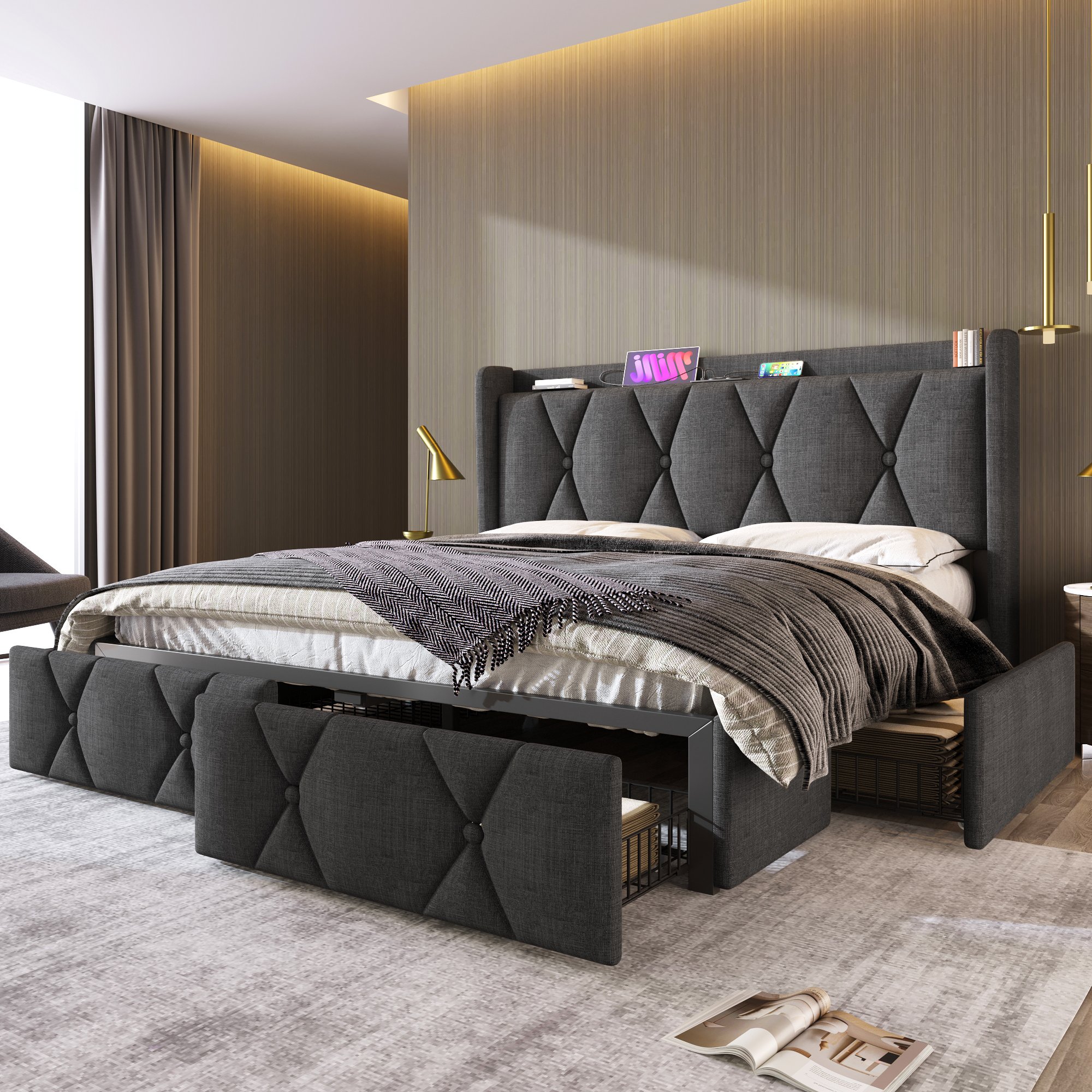Lit coffre 140x200 avec sommier à lattes, 4 tiroirs de rangement et ports USB, gris