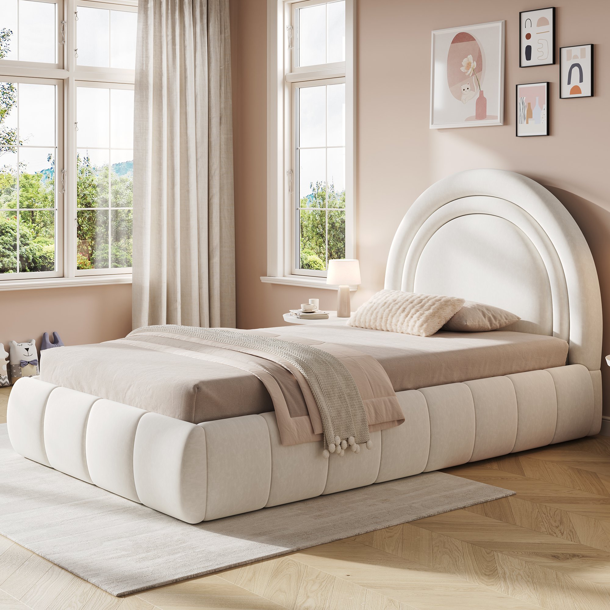 Lit coffre 90x200 avec rangement hydraulique, revêtement velours beige doux, idéal pour optimiser la chambre enfant