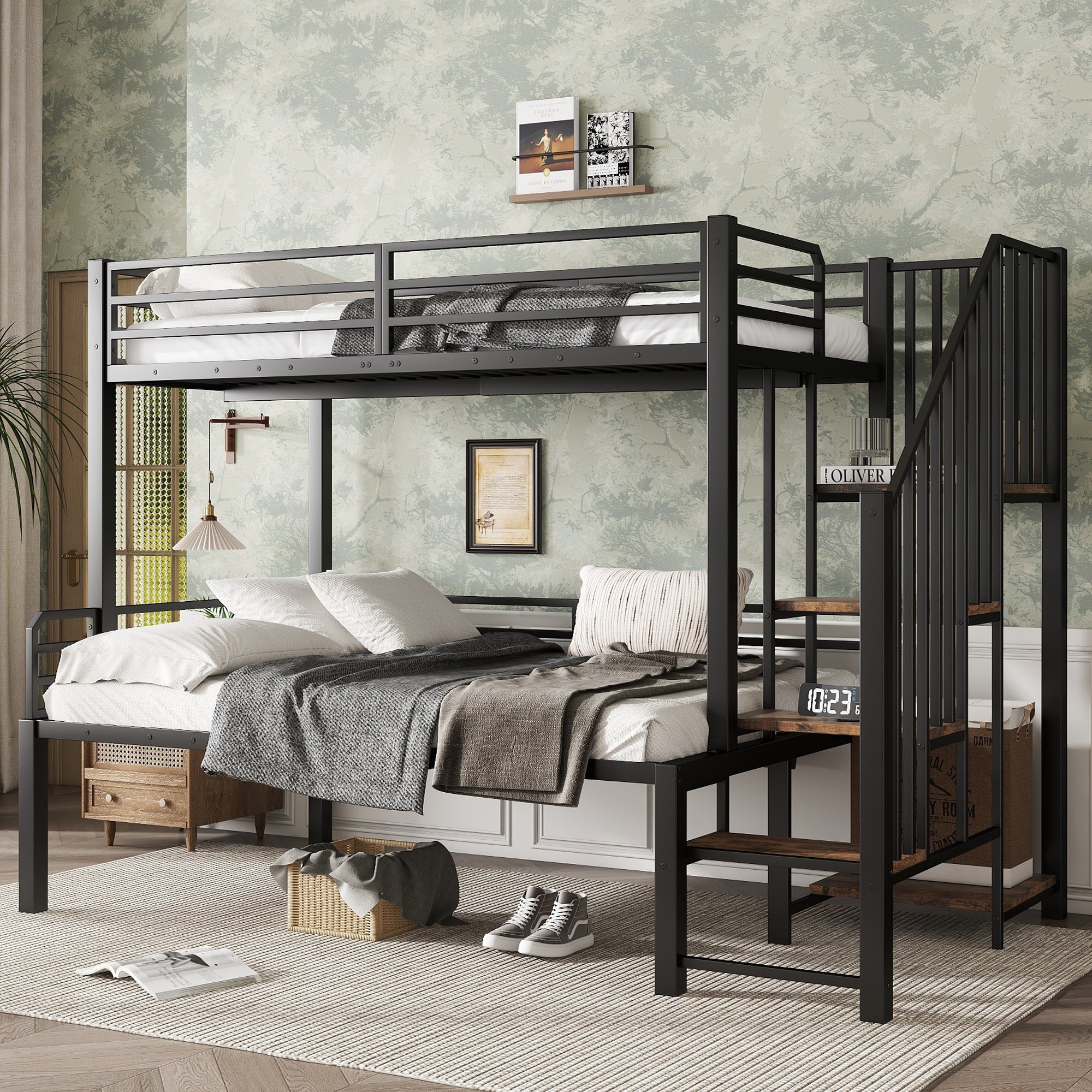 Lit superposé 90x200 avec échelle d'angle et rangement, pour enfants et adolescents, noir et bois vieilli