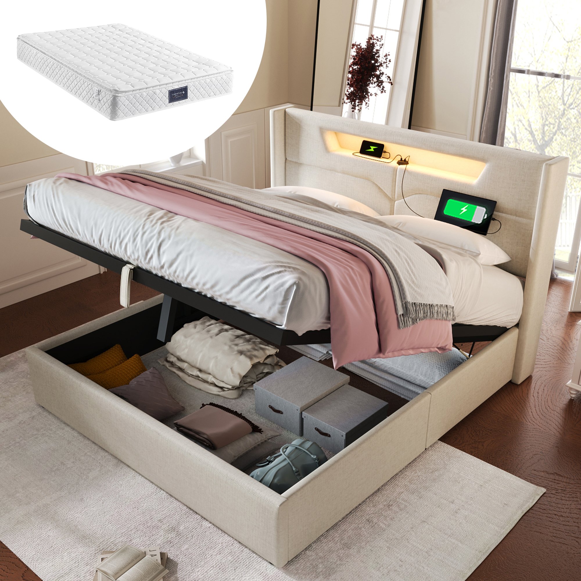 Lit coffre 140x200 avec sommier et matelas, lit double beige LED USB Type-C