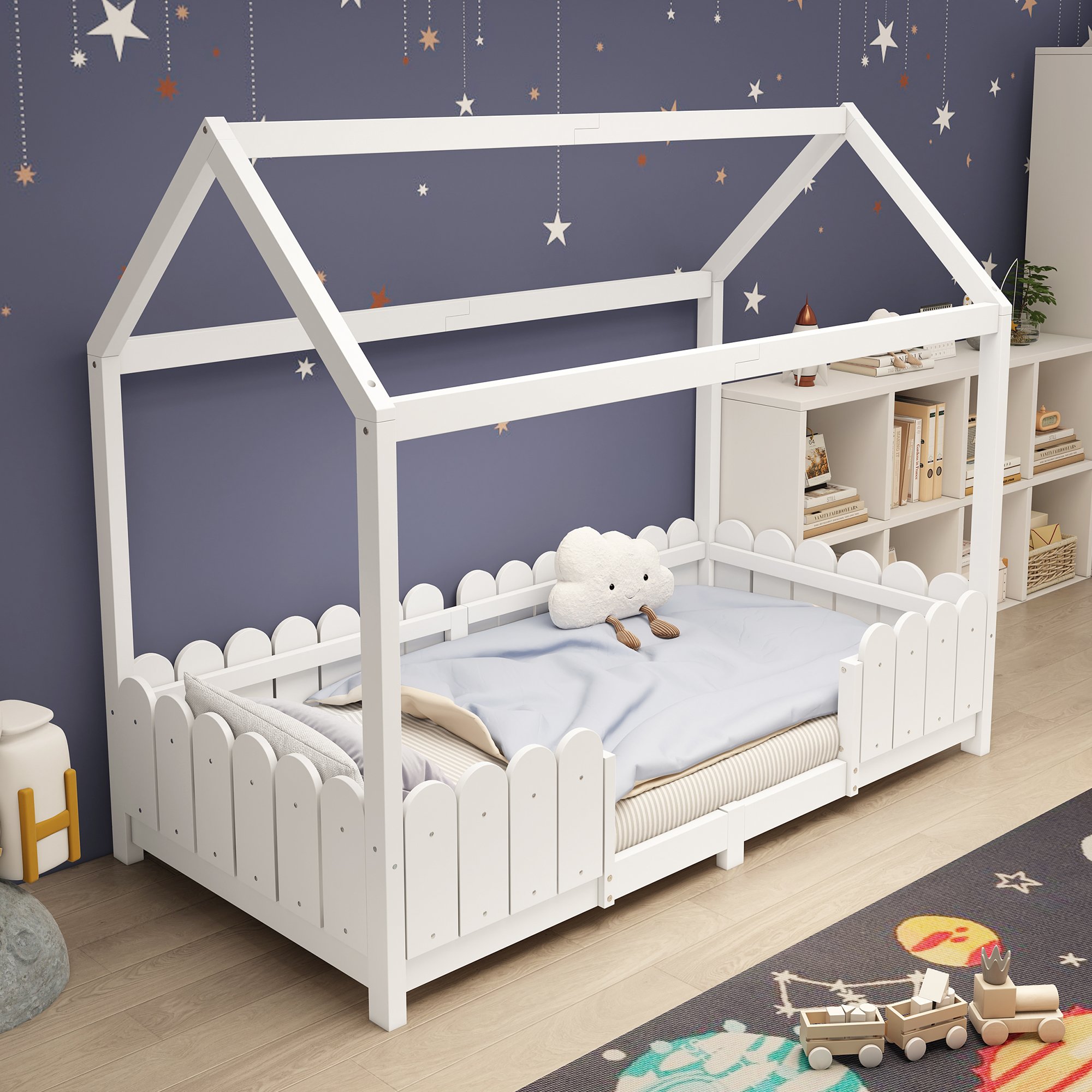 lit cabane enfant 90x200 blanc avec barrière de sécurité et sommier à lattes bois massif pour chambre