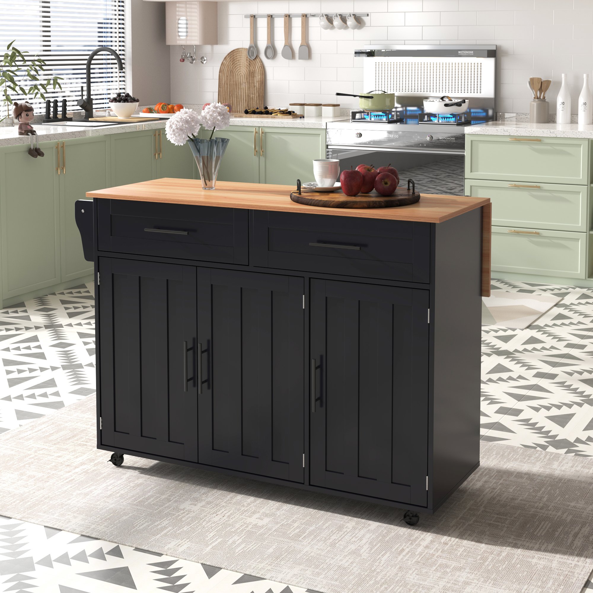 Îlot de cuisine noir avec plan de travail en bois massif, table pliante, rangements et roulettes, 129x46x91,5 cm